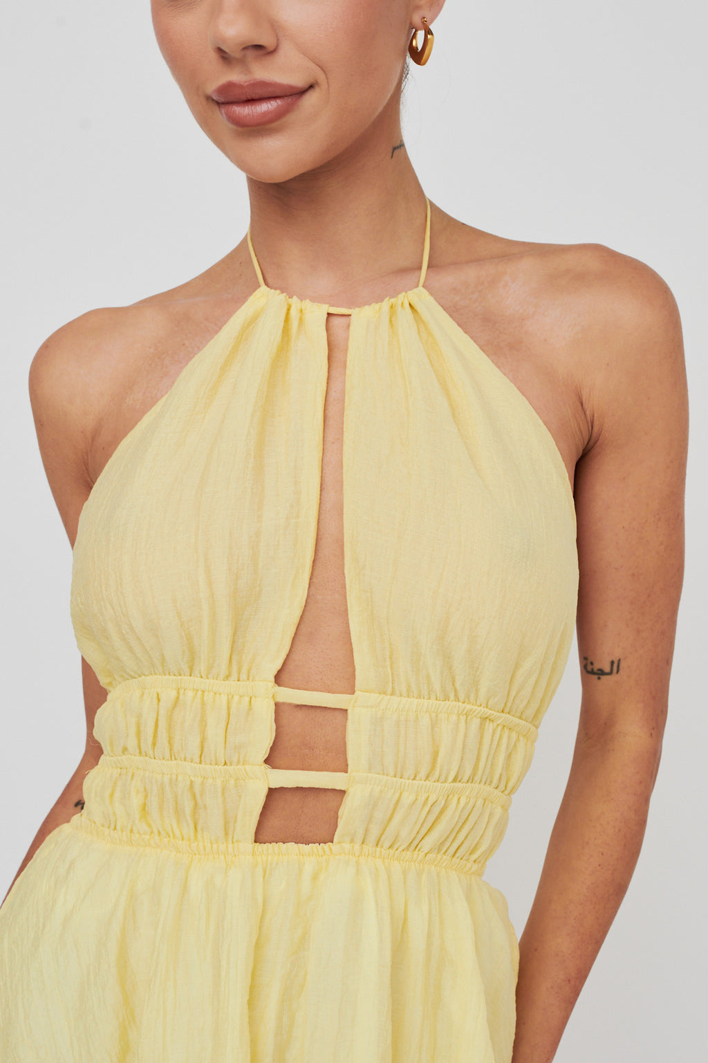 Cyndi Open Back Halterneck Mini Dress Lemon by Selfie Leslie Australia
