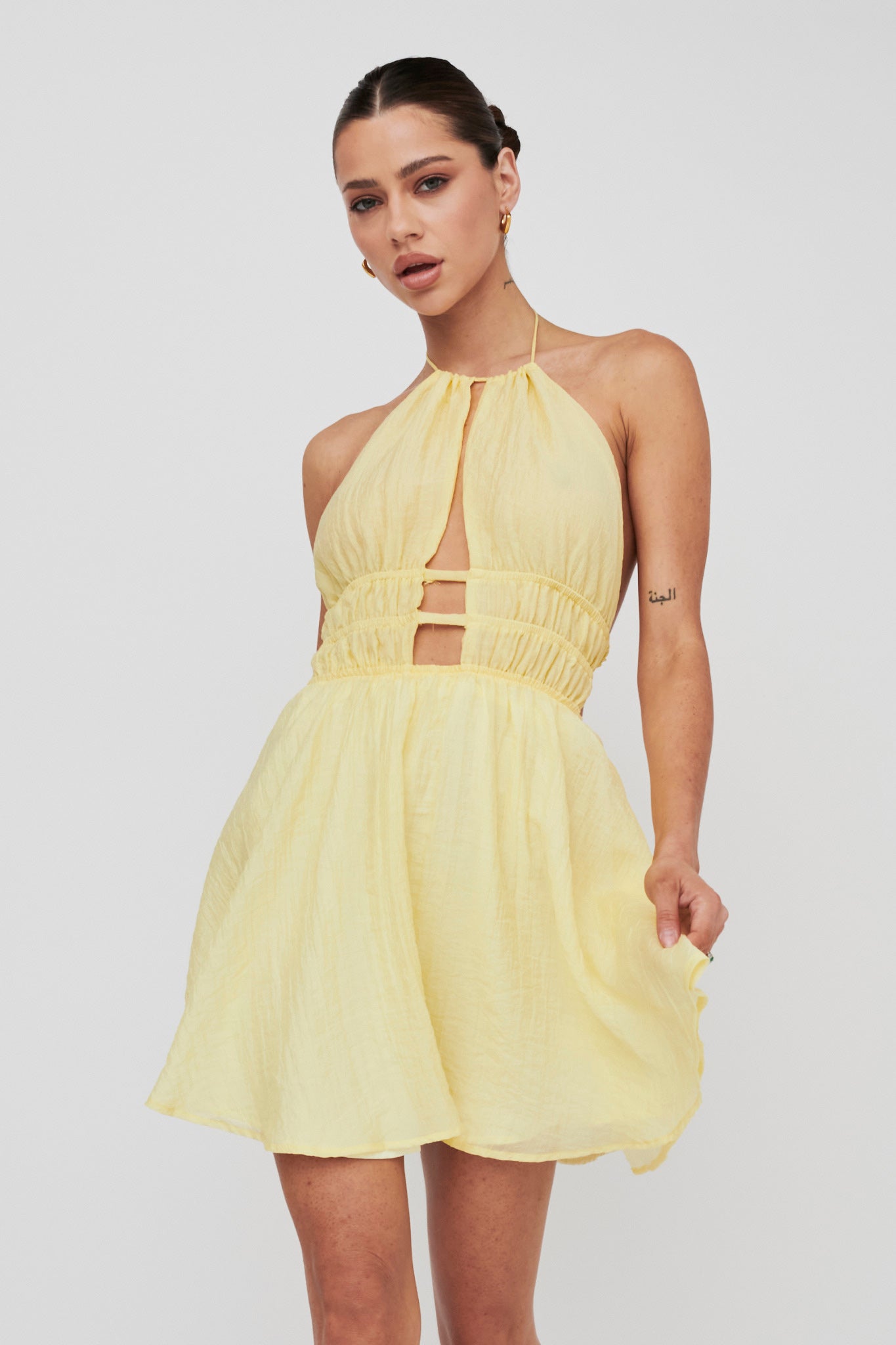 Cyndi Open Back Halterneck Mini Dress Lemon by Selfie Leslie Australia
