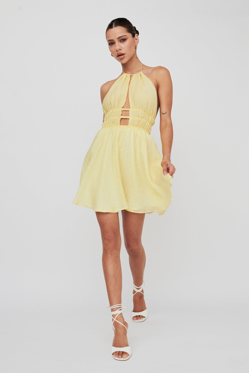 Cyndi Open Back Halterneck Mini Dress Lemon by Selfie Leslie Australia