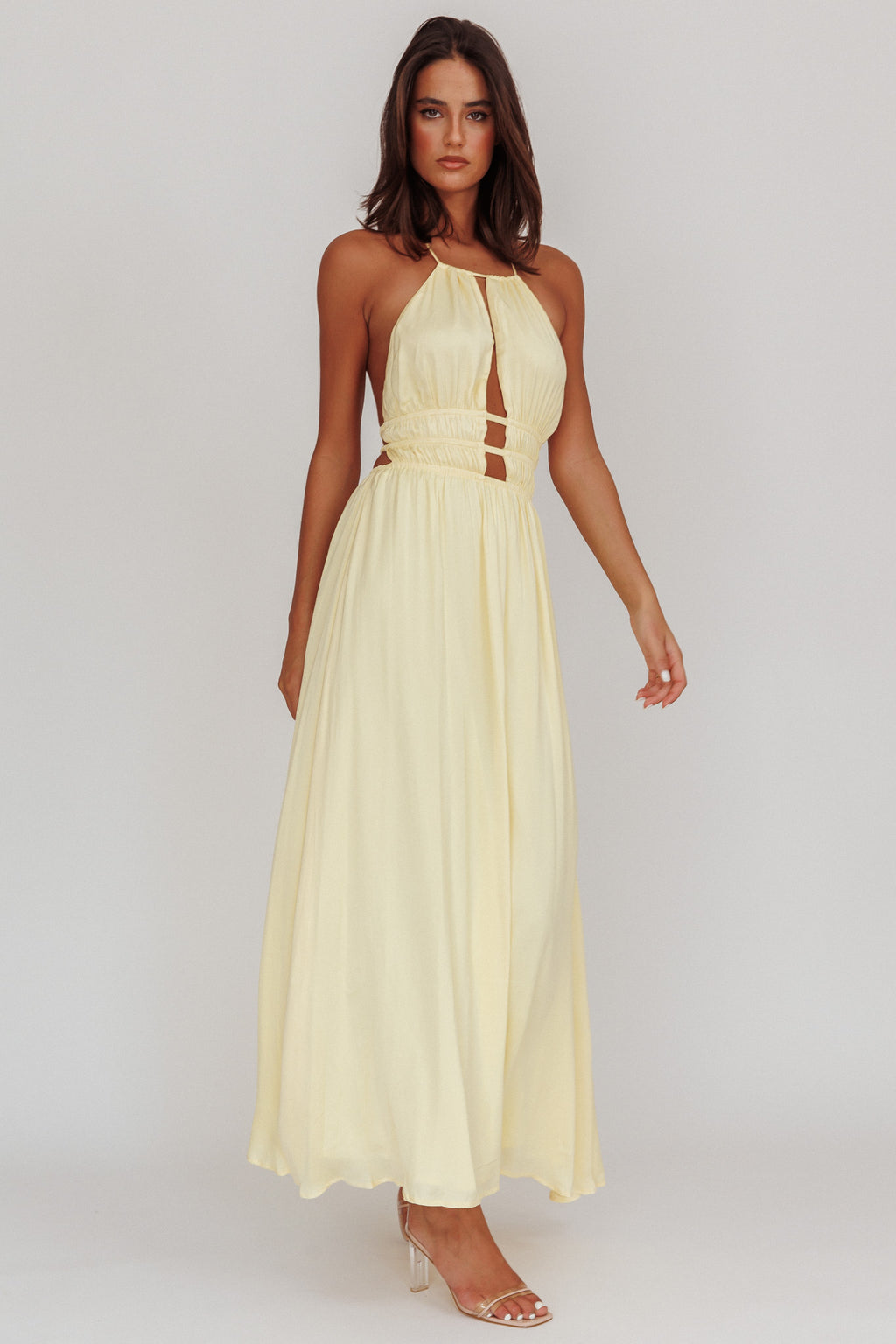Cyndi Open Back Halterneck Maxi Dress Light Yellow by Selfie Leslie Australia