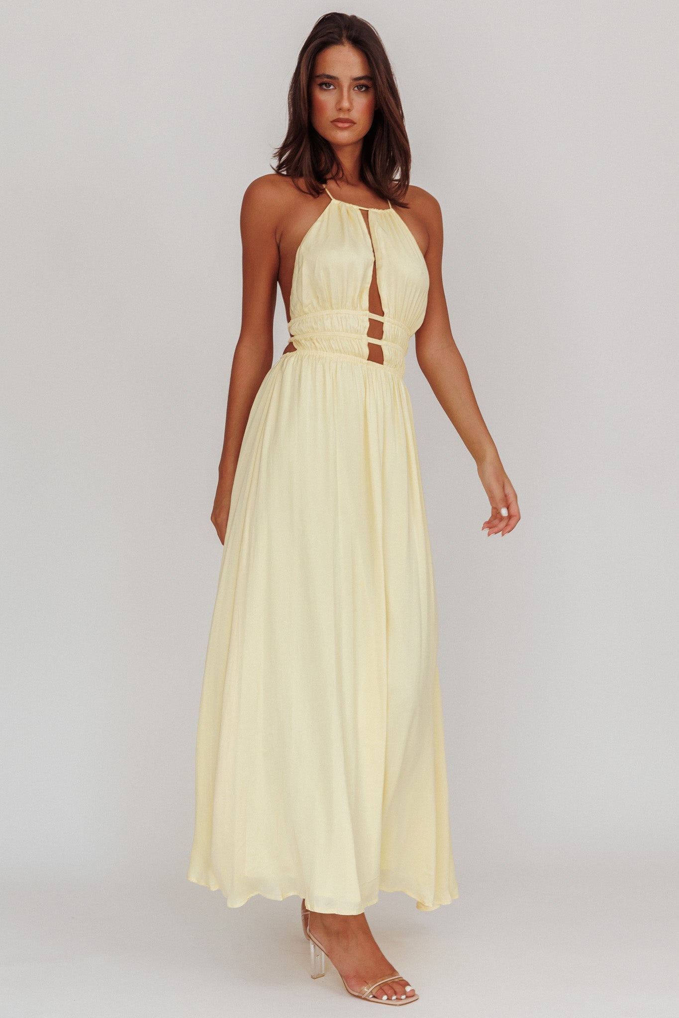 Cyndi Open Back Halterneck Maxi Dress Light Yellow by Selfie Leslie Australia