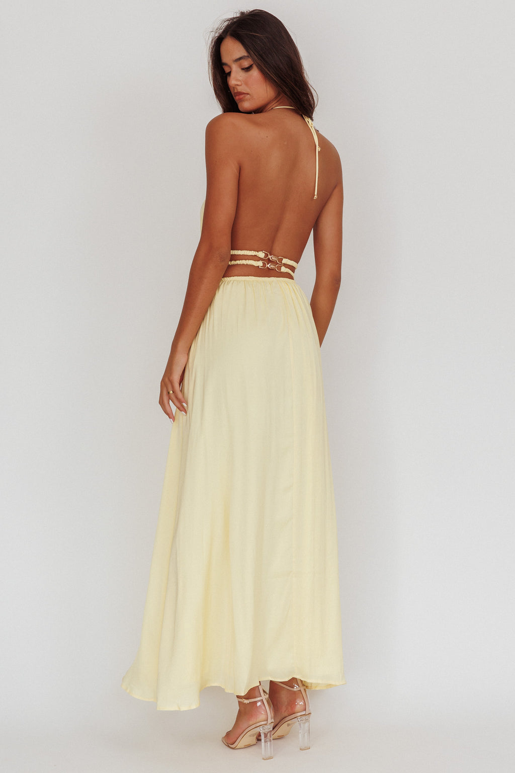 Cyndi Open Back Halterneck Maxi Dress Light Yellow by Selfie Leslie Australia