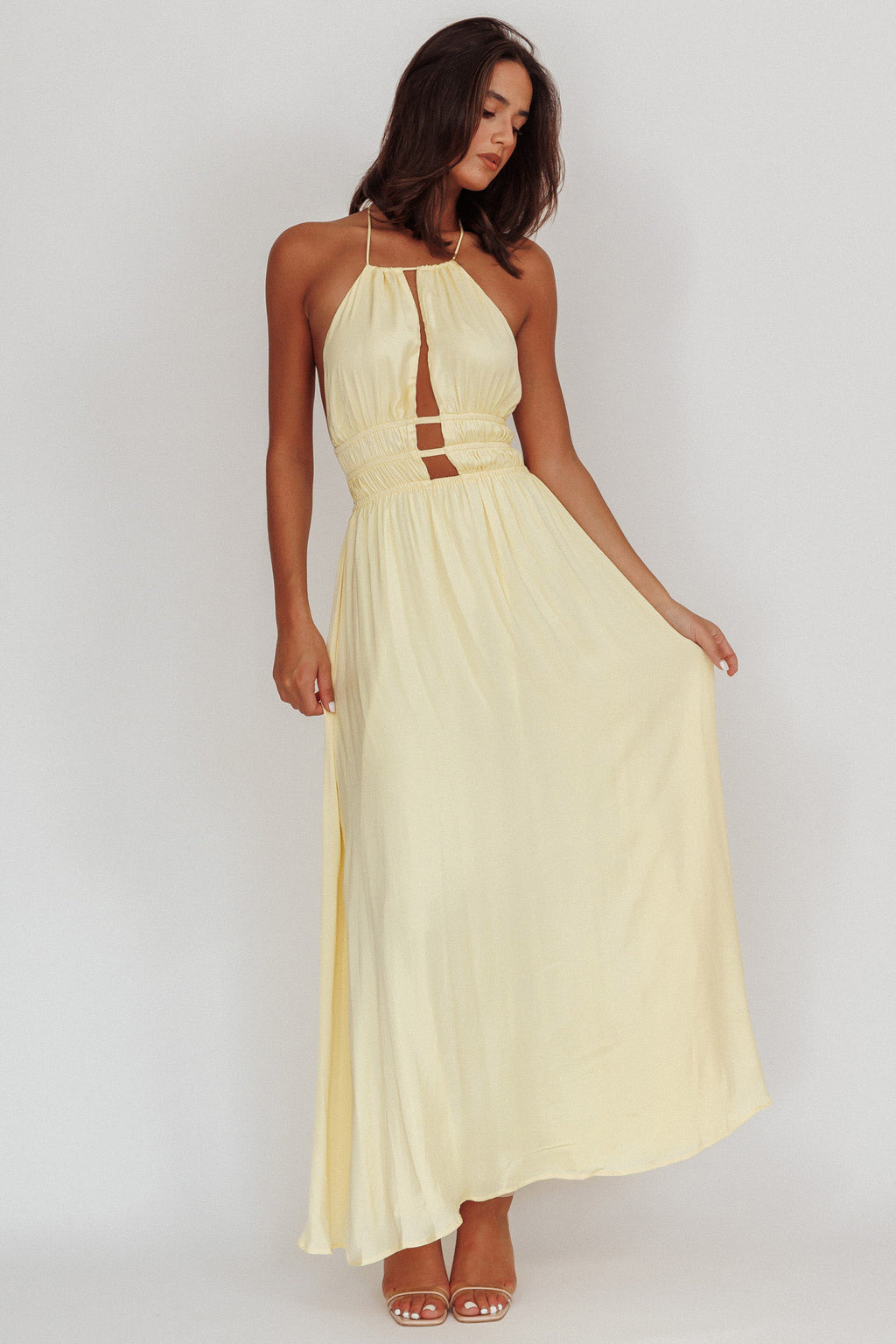 Cyndi Open Back Halterneck Maxi Dress Light Yellow by Selfie Leslie Australia