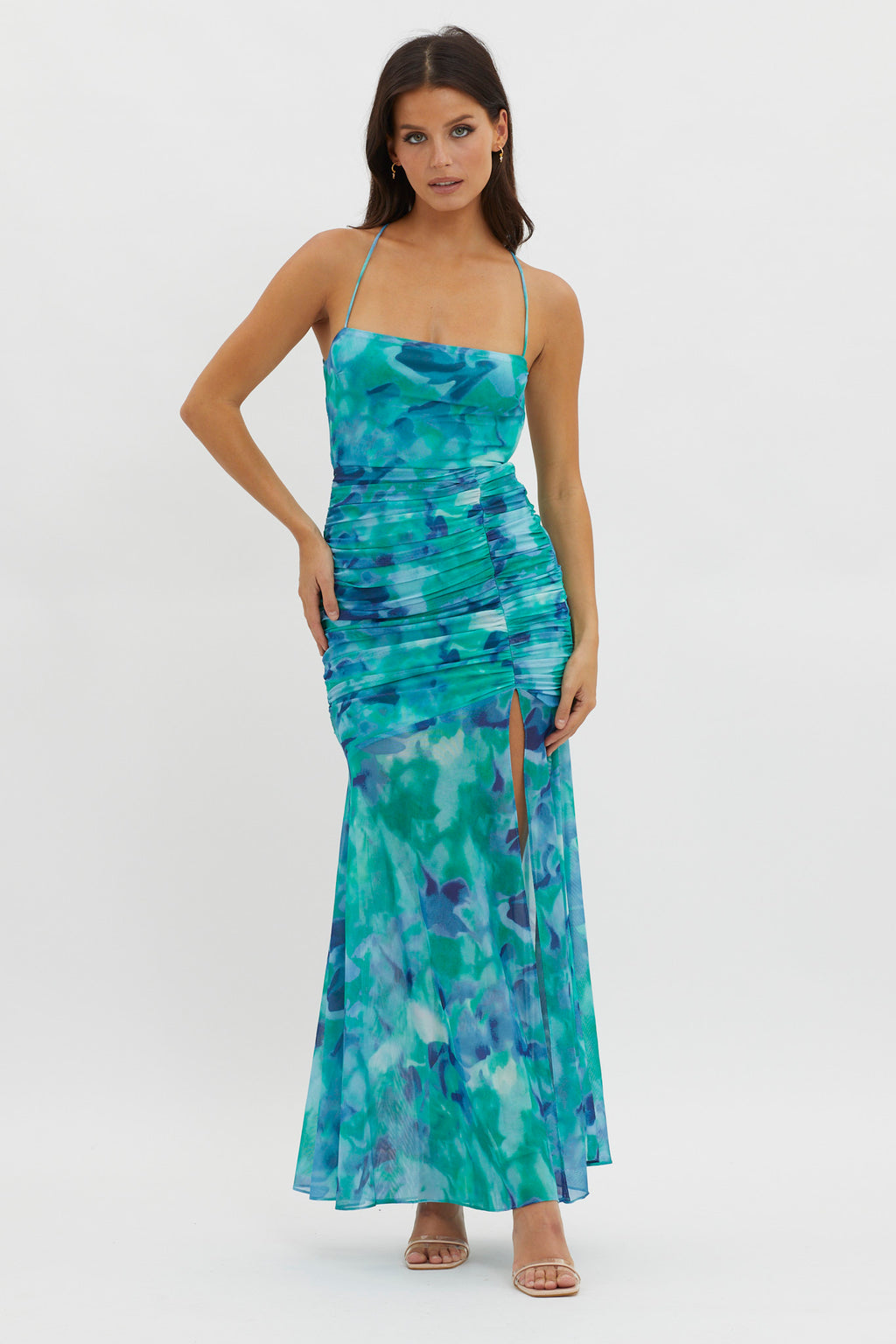 Apryl Ruched Lace-Up Back Dress Green by Selfie Leslie Australia