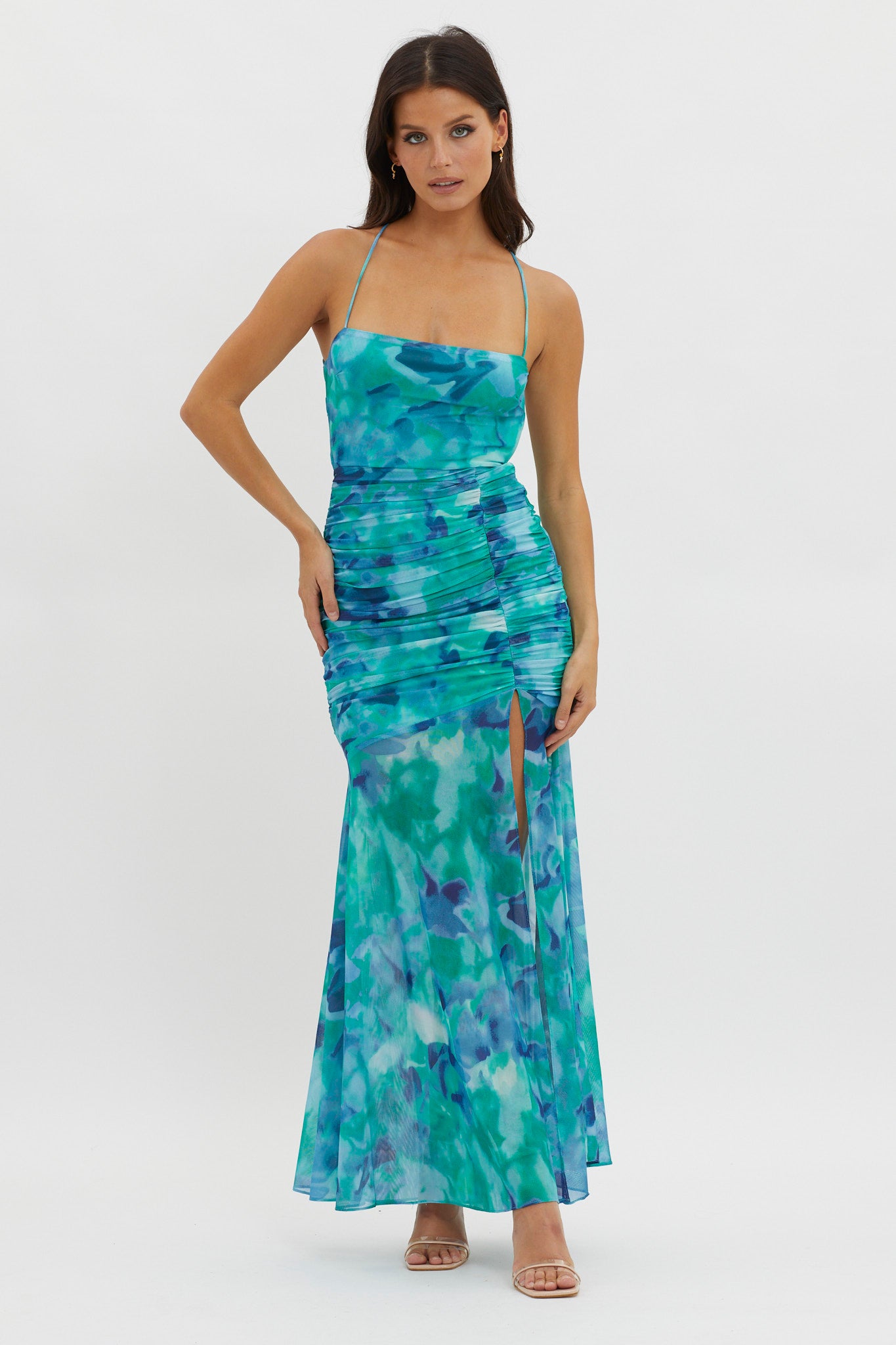 Apryl Ruched Lace-Up Back Dress Green by Selfie Leslie Australia