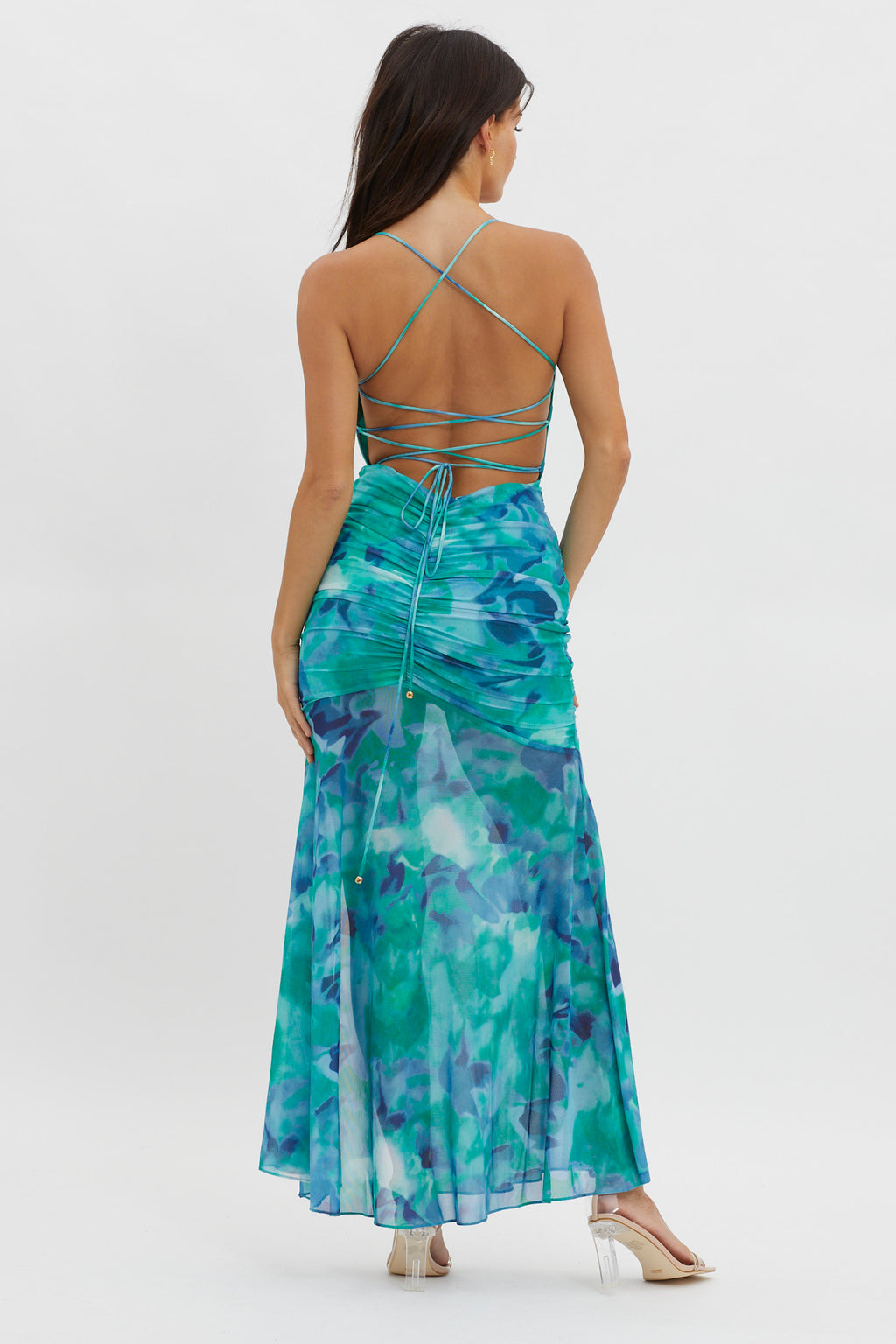 Apryl Ruched Lace-Up Back Dress Green by Selfie Leslie Australia