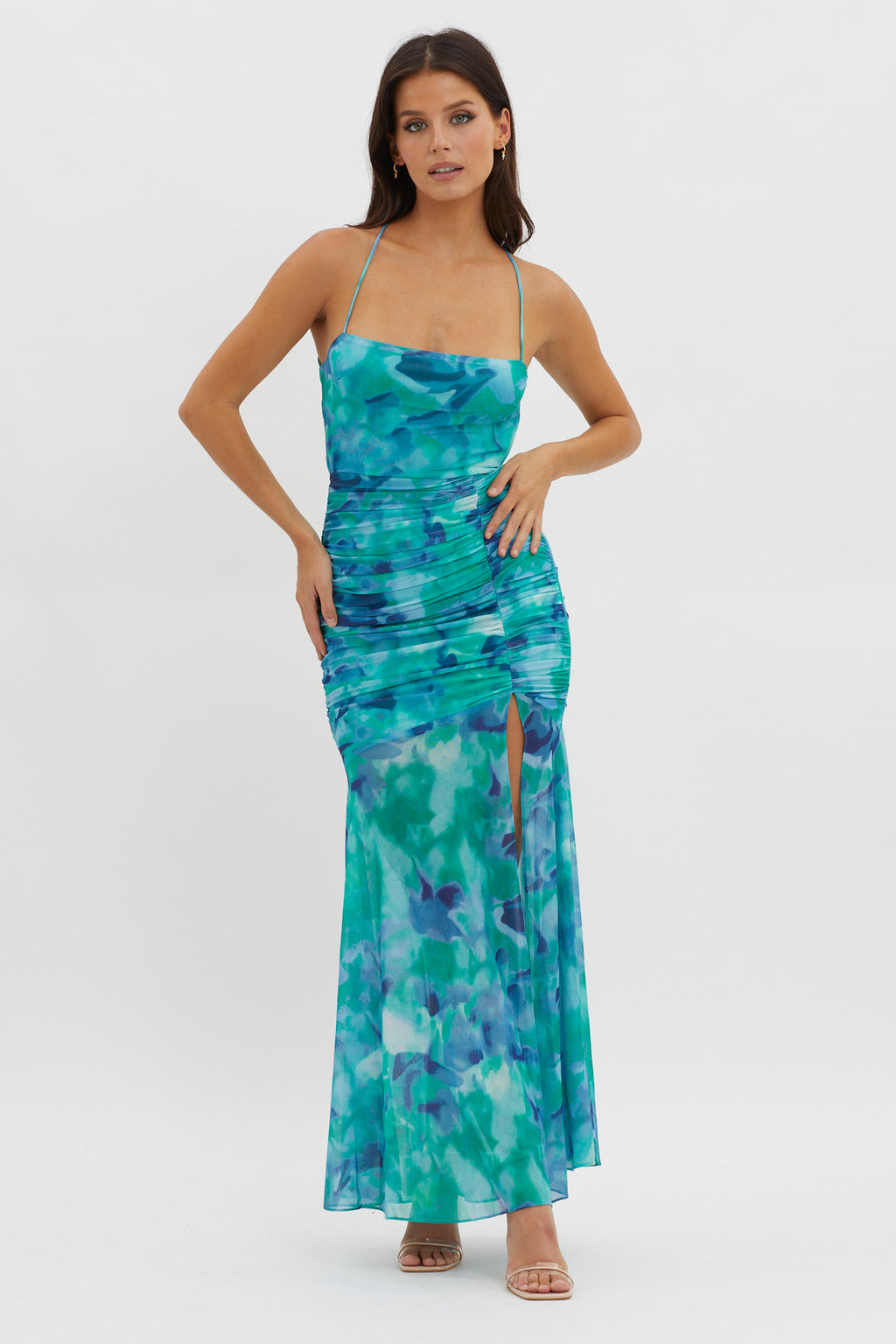 Apryl Ruched Lace-Up Back Dress Green by Selfie Leslie Australia