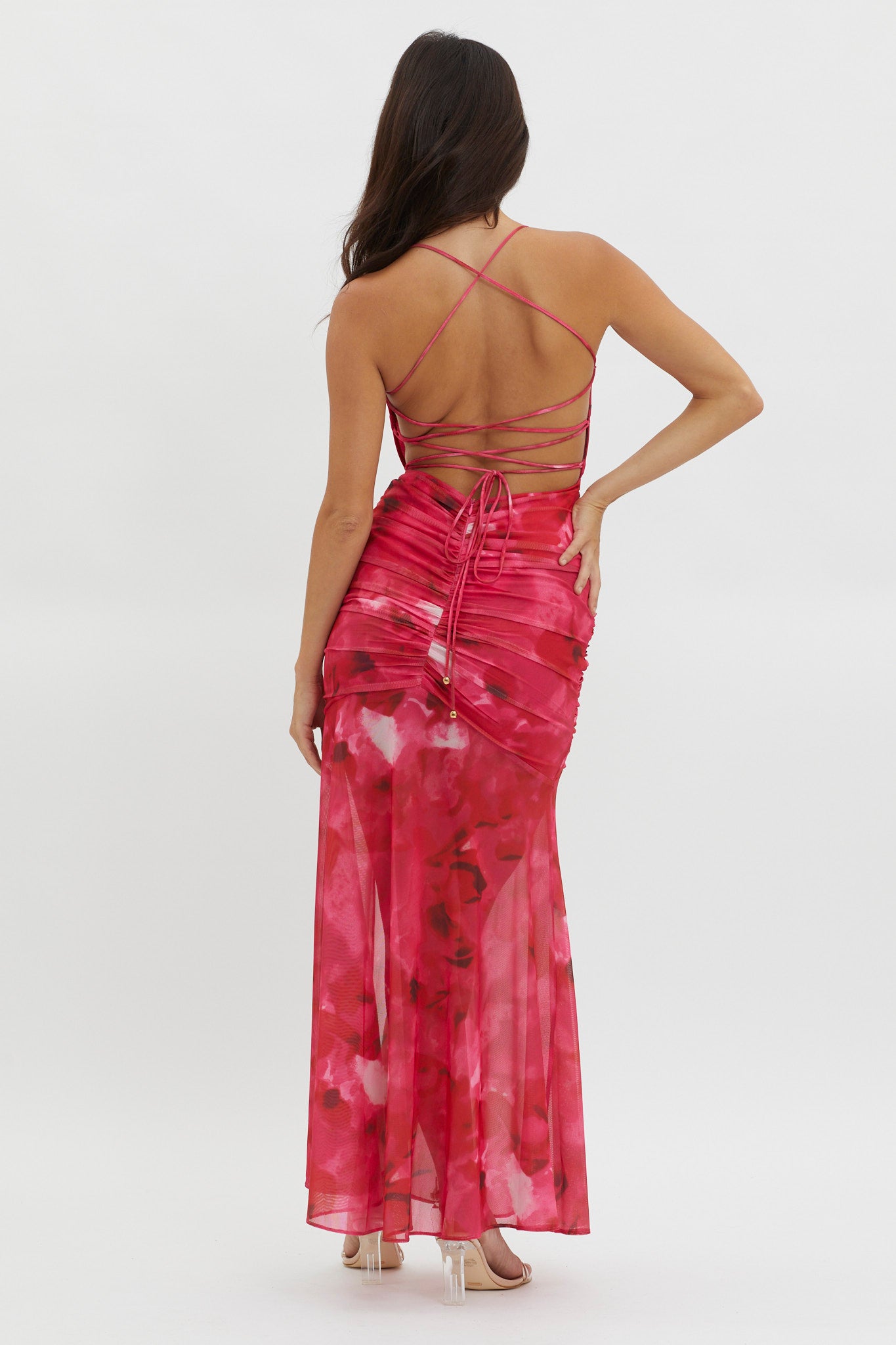 Apryl Ruched Lace-Up Back Dress Pink by Selfie Leslie Australia