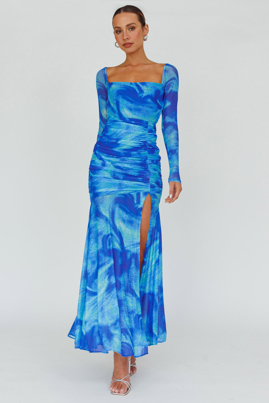 Apryl Long Sleeve Lace-Up Back Maxi Dress Blue by Selfie Leslie Australia