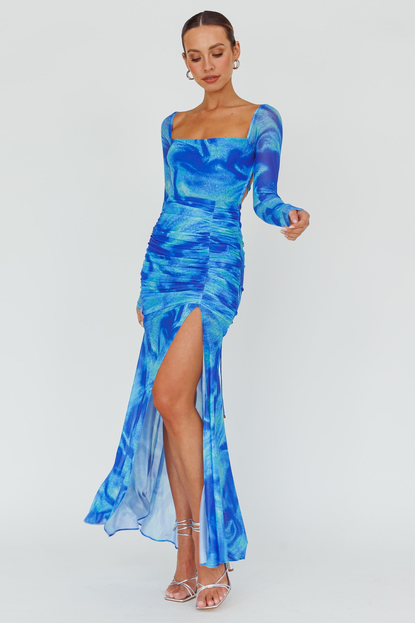 Apryl Long Sleeve Lace-Up Back Maxi Dress Blue by Selfie Leslie Australia