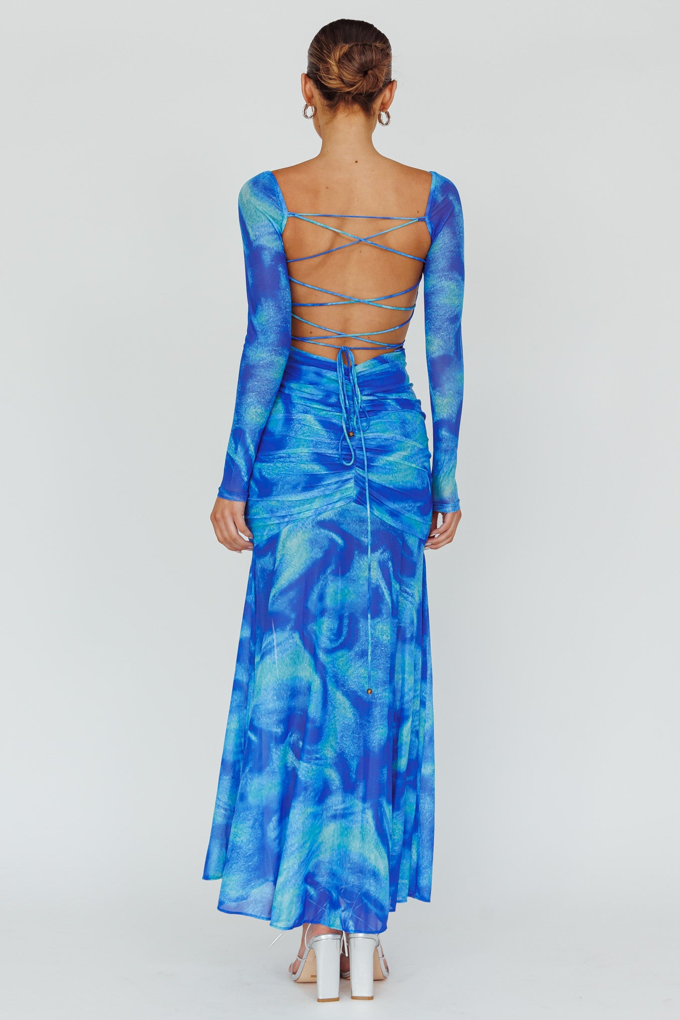 Apryl Long Sleeve Lace-Up Back Maxi Dress Blue by Selfie Leslie Australia