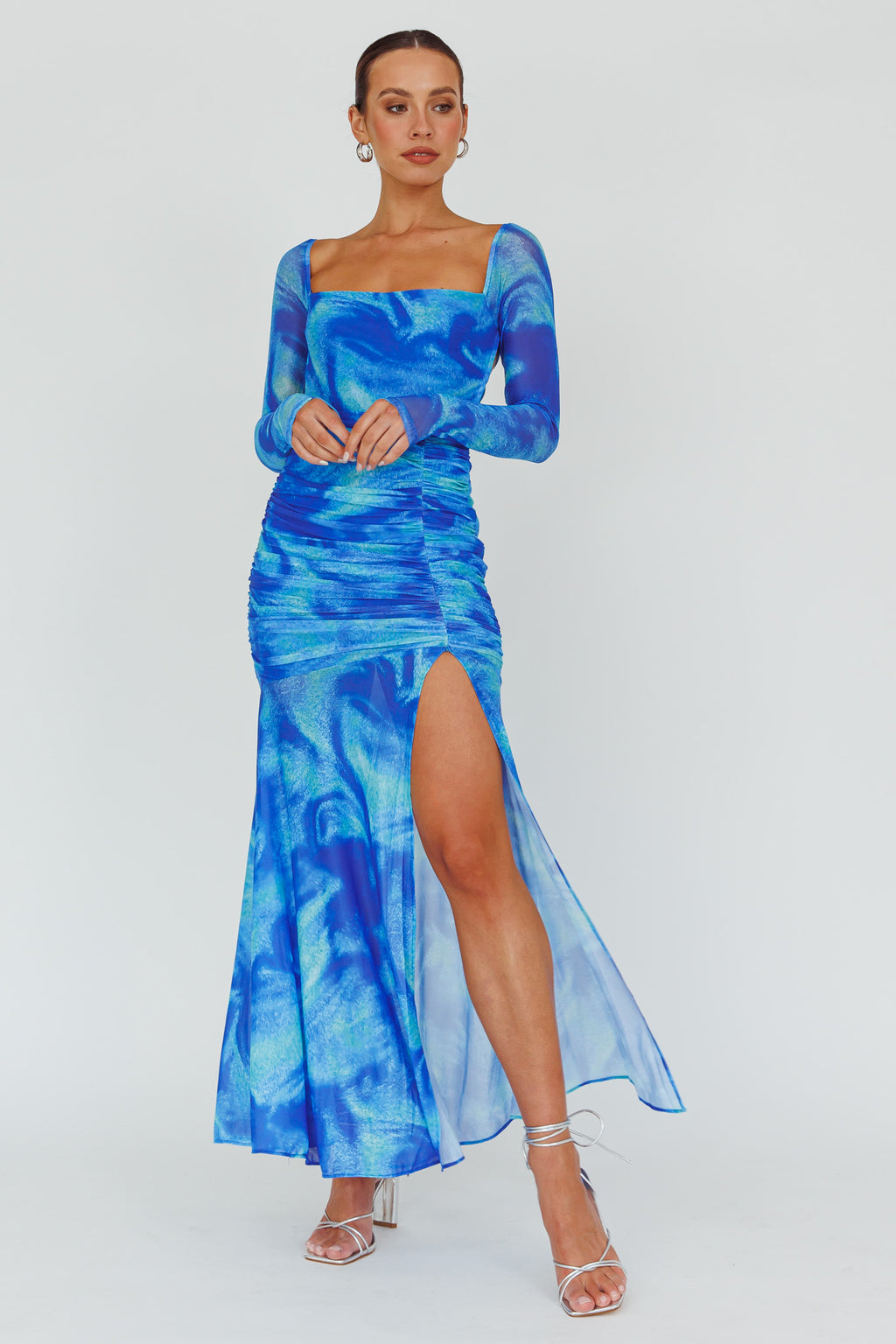 Apryl Long Sleeve Lace-Up Back Maxi Dress Blue by Selfie Leslie Australia