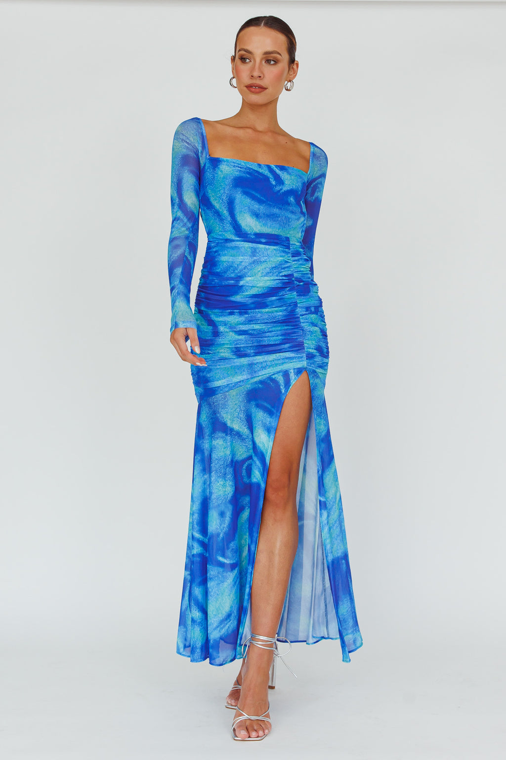 Apryl Long Sleeve Lace-Up Back Maxi Dress Blue by Selfie Leslie Australia