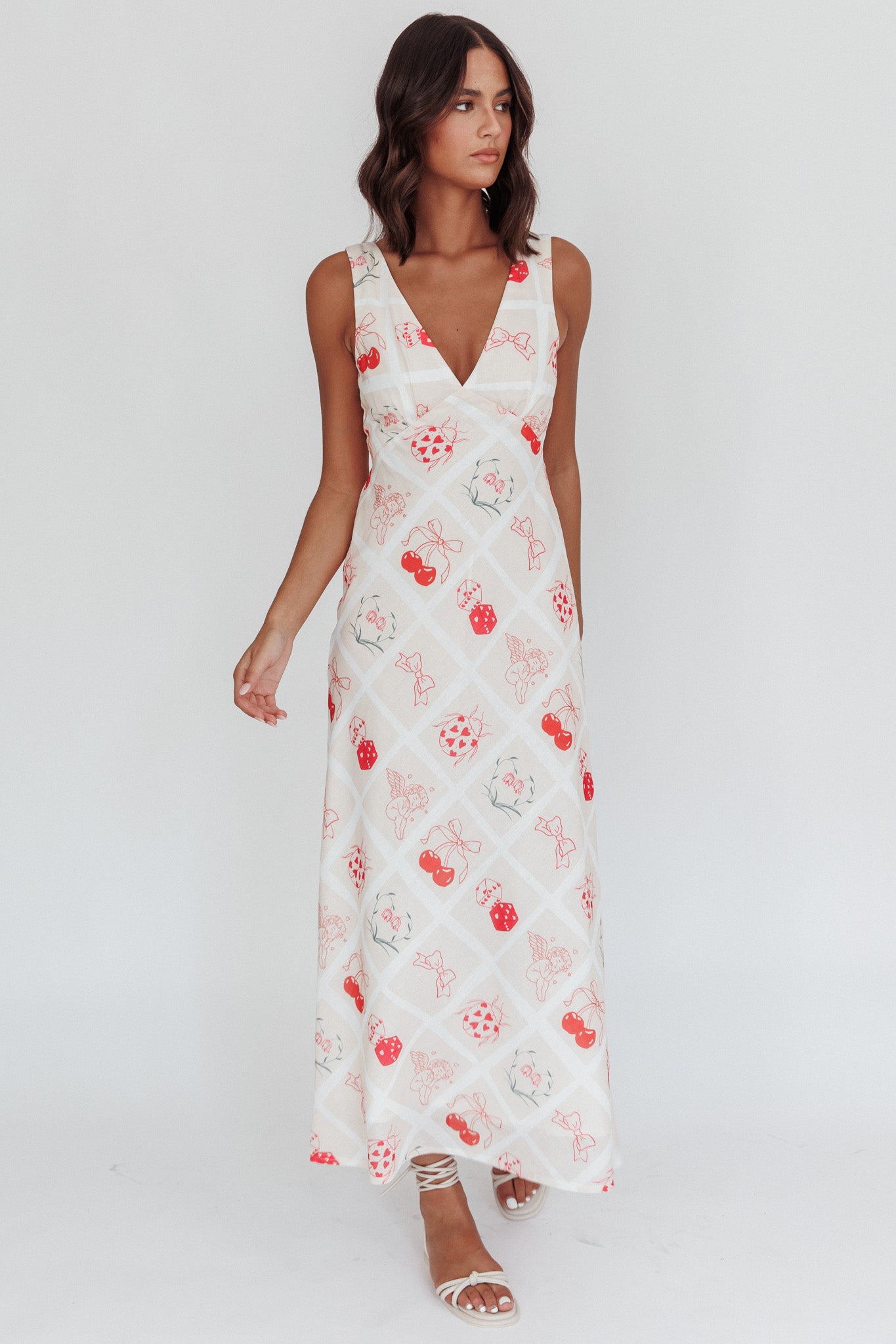 Coucou V-Neckline Maxi Dress Print Beige by Selfie Leslie Australia