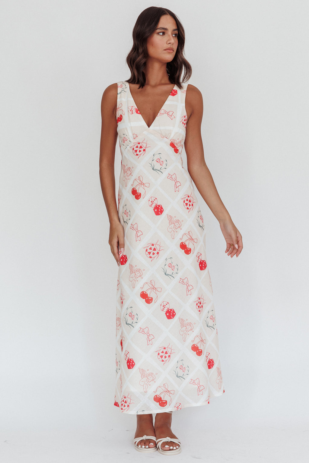 Coucou V-Neckline Maxi Dress Print Beige by Selfie Leslie Australia