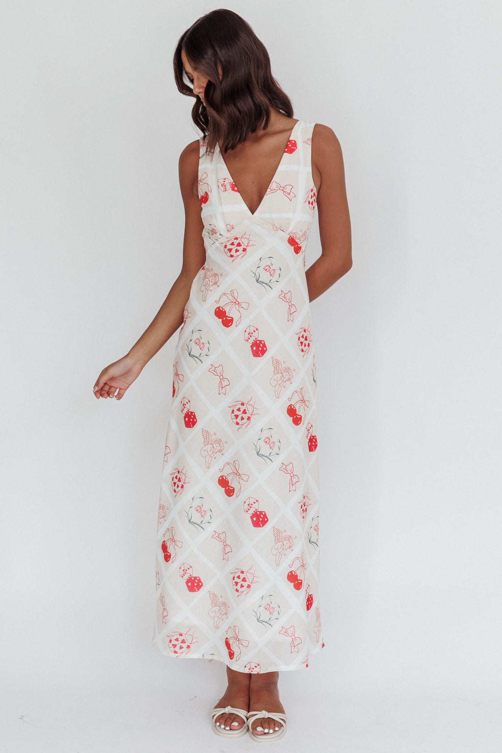 Coucou V-Neckline Maxi Dress Print Beige by Selfie Leslie Australia