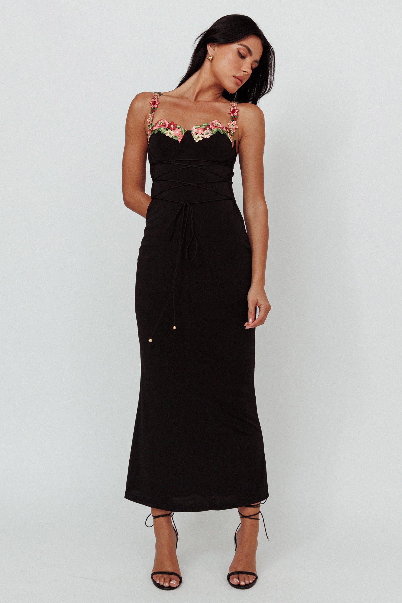 Rose Garden Floral Applique Laced Midi Dress Black by Selfie Leslie Australia