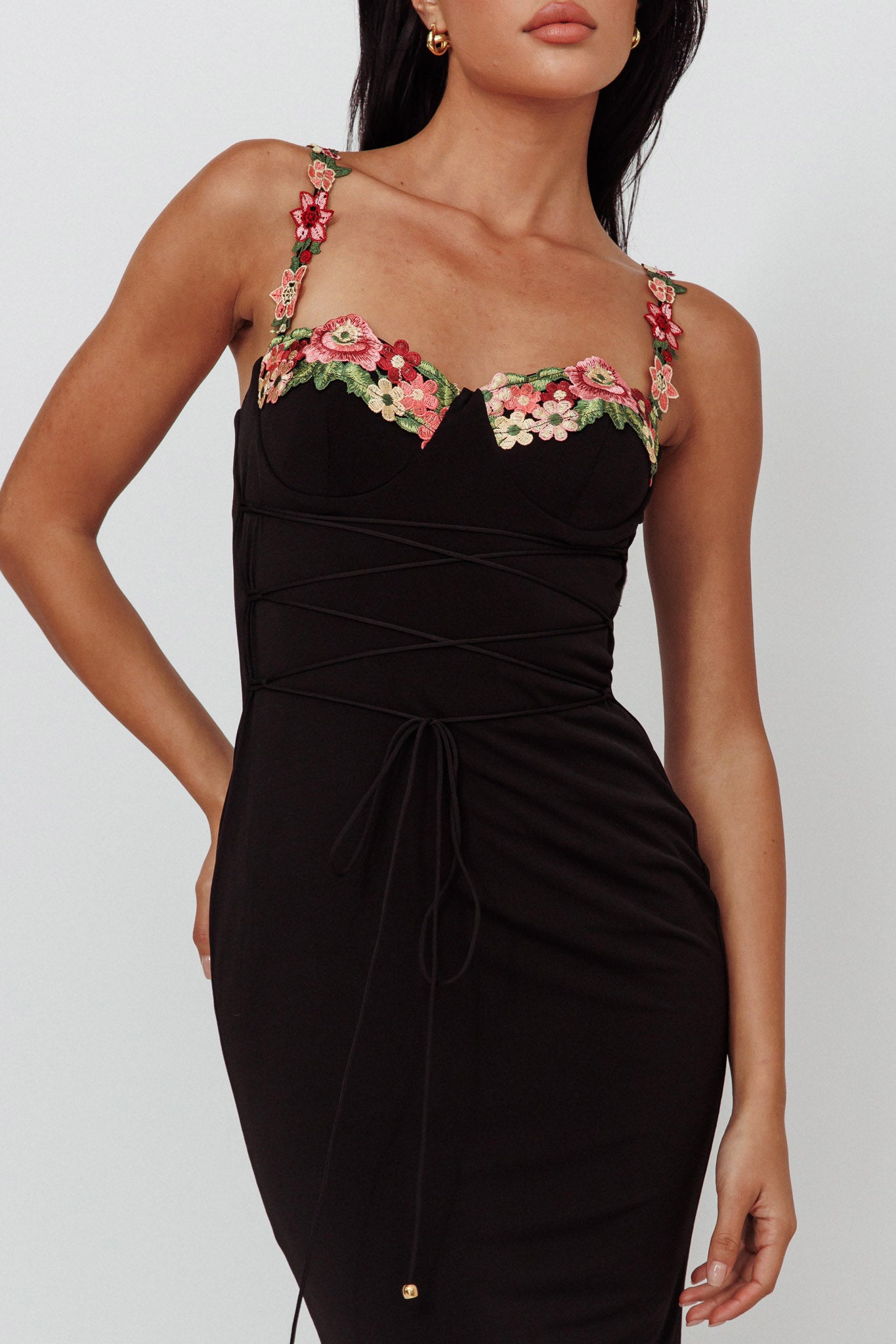 Rose Garden Floral Applique Laced Midi Dress Black by Selfie Leslie Australia
