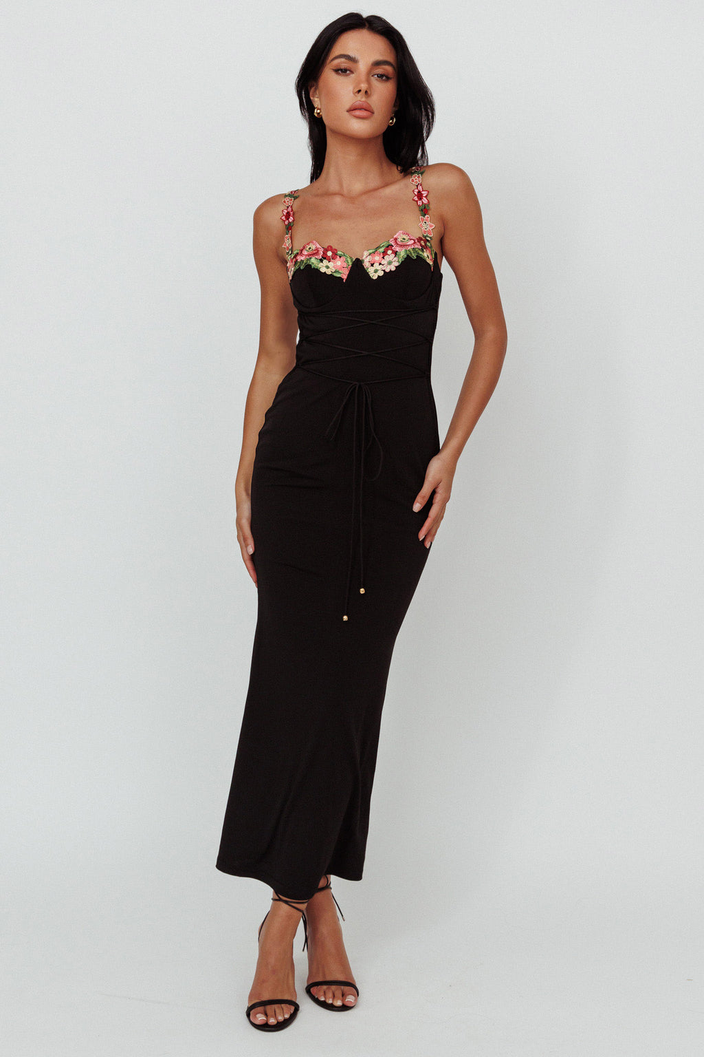 Rose Garden Floral Applique Laced Midi Dress Black by Selfie Leslie Australia