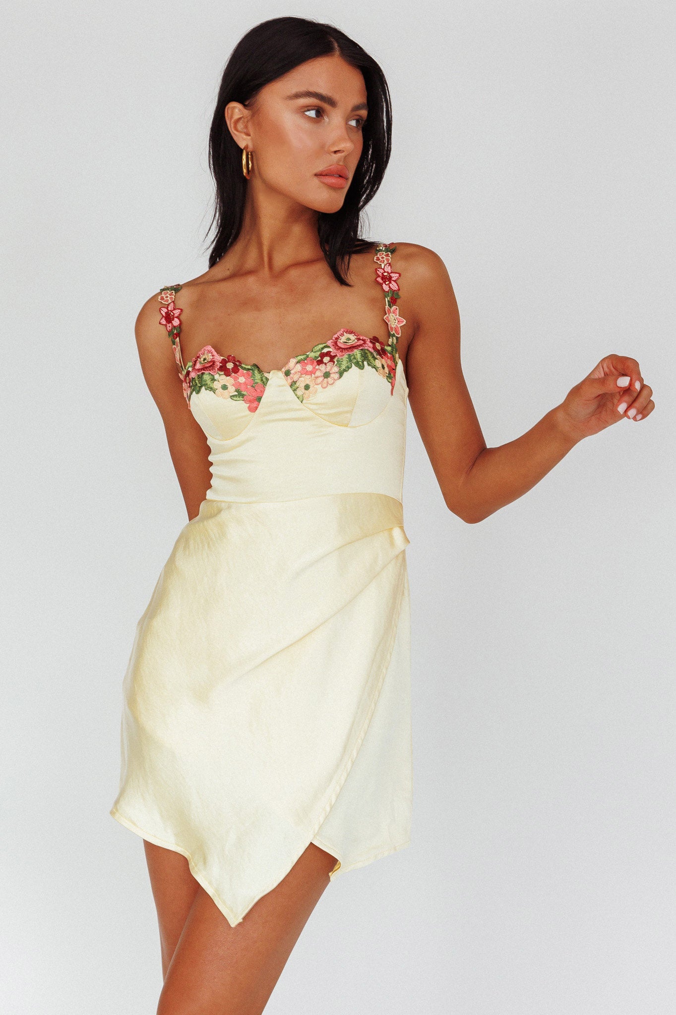 Rose Garden Floral Applique Wrap Mini Dress Lemon by Selfie Leslie Australia