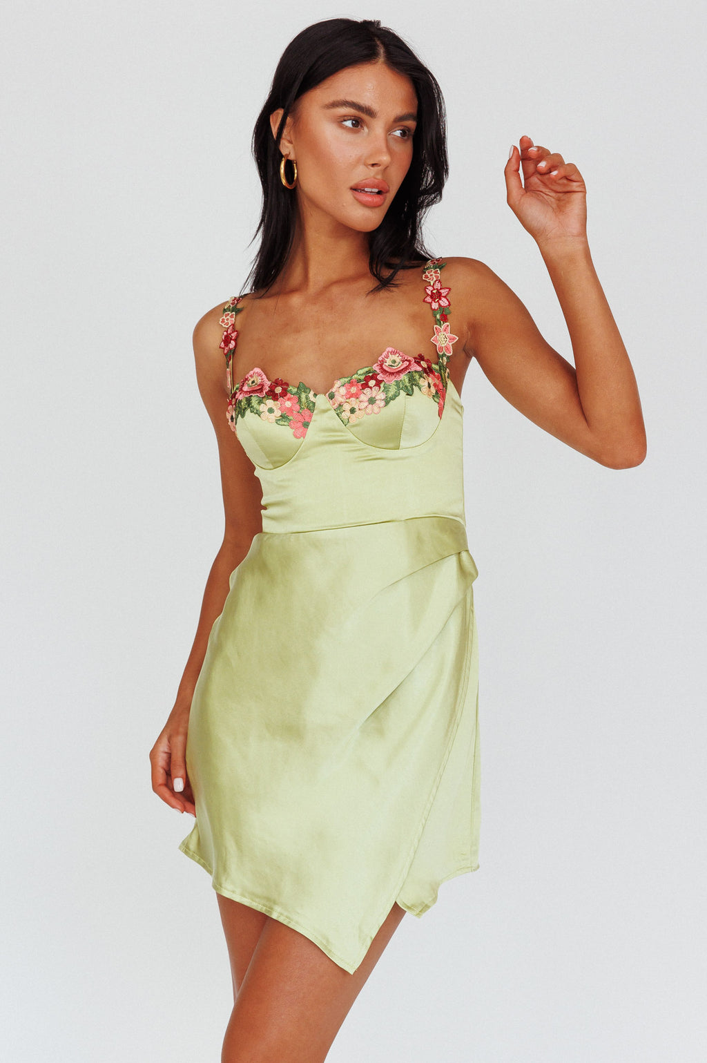 Rose Garden Floral Applique Wrap Mini Dress Lime by Selfie Leslie Australia
