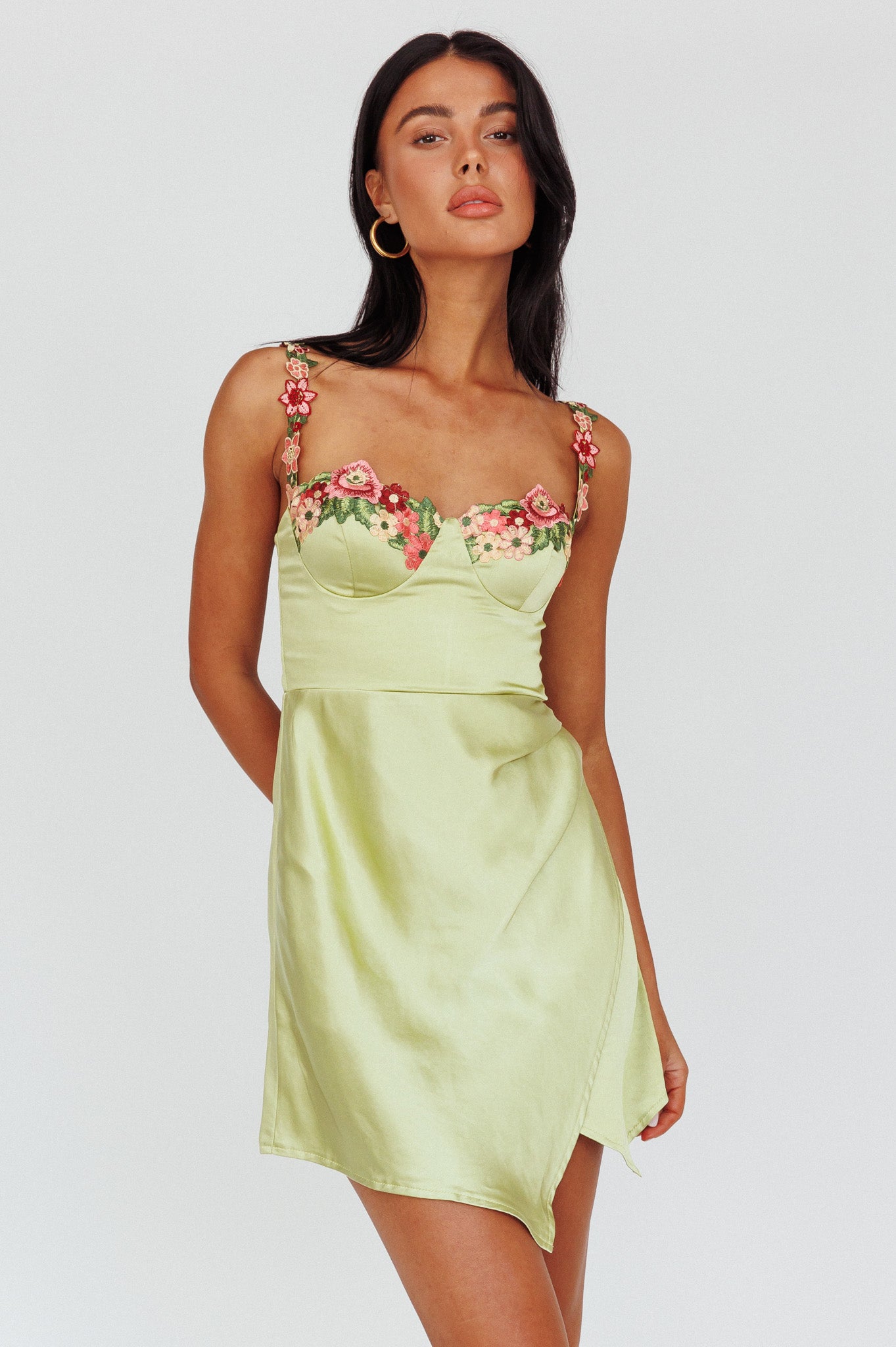Rose Garden Floral Applique Wrap Mini Dress Lime by Selfie Leslie Australia