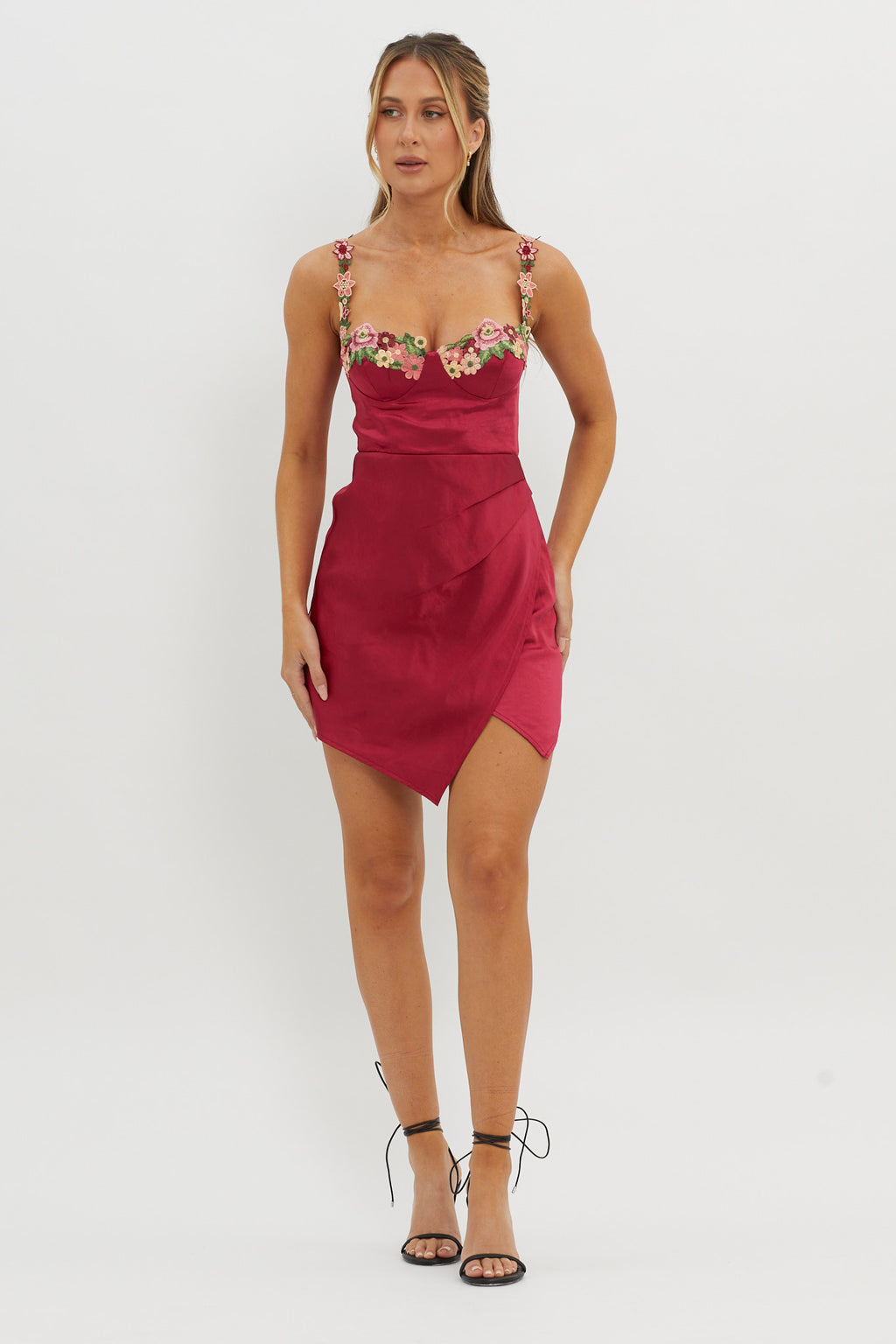 Rose Garden Floral Applique Wrap Mini Dress Merlot by Selfie Leslie Australia