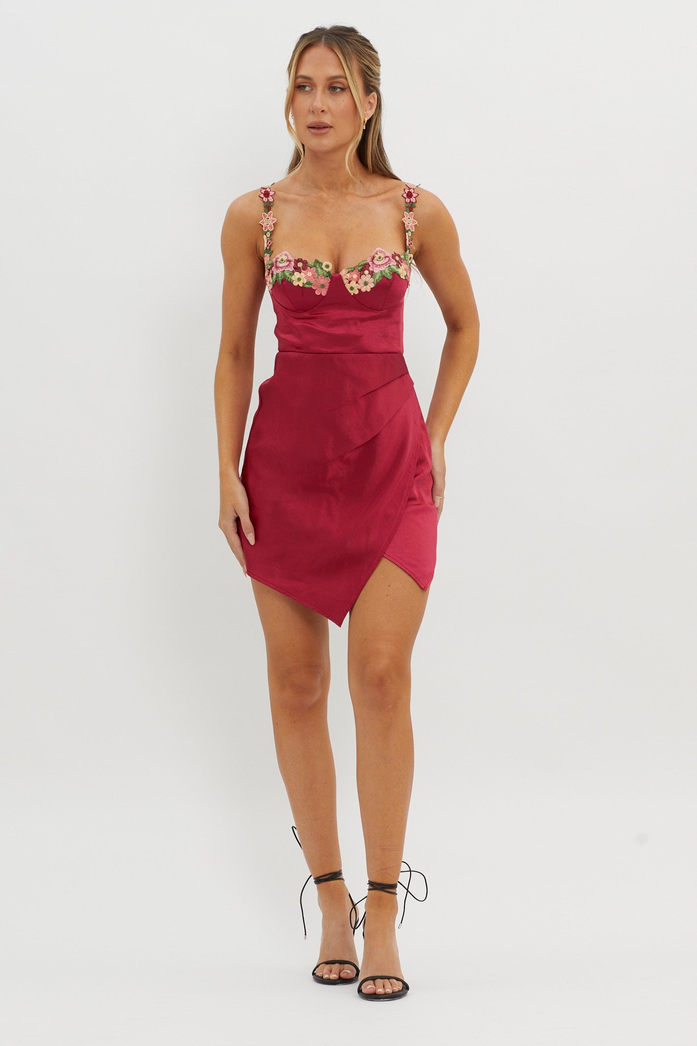 Rose Garden Floral Applique Wrap Mini Dress Merlot by Selfie Leslie Australia