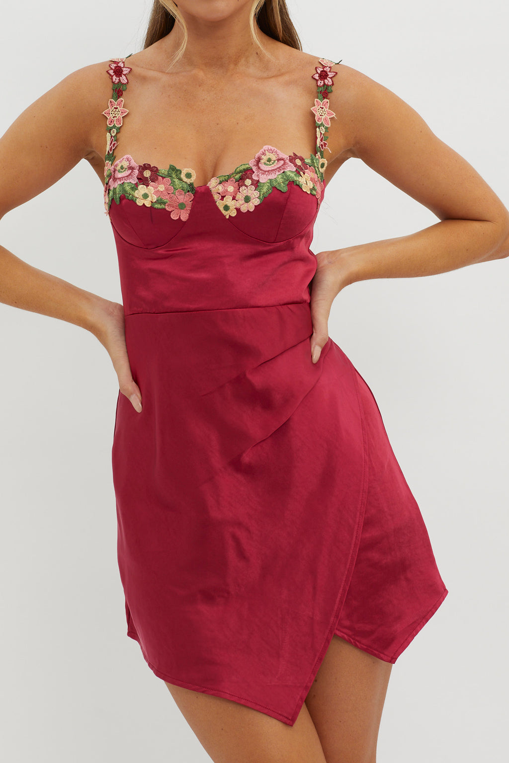 Rose Garden Floral Applique Wrap Mini Dress Merlot by Selfie Leslie Australia