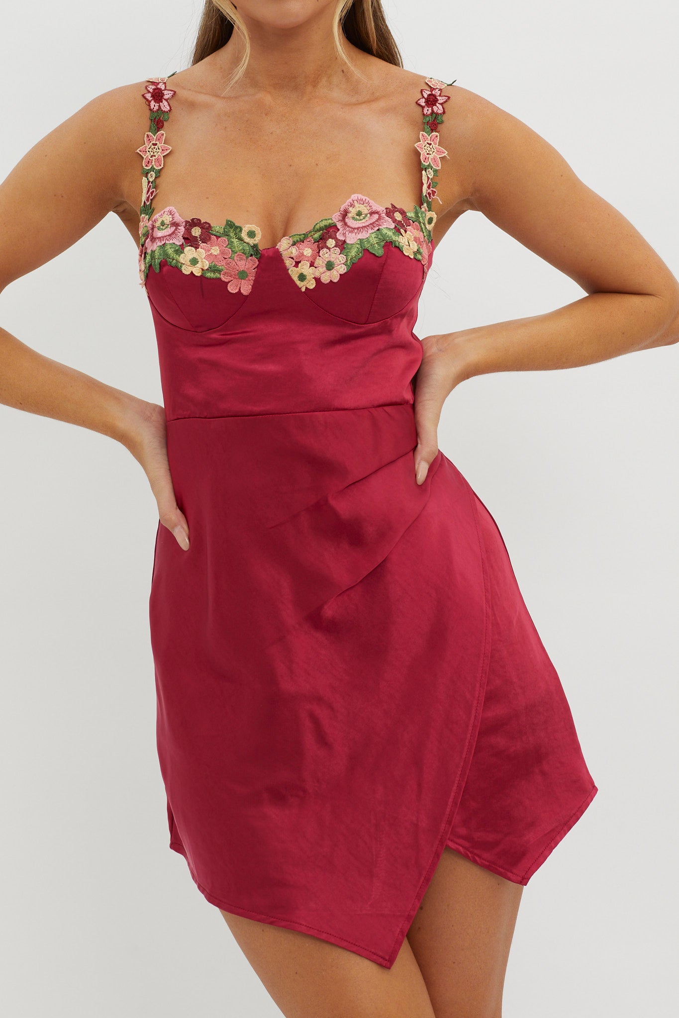 Rose Garden Floral Applique Wrap Mini Dress Merlot by Selfie Leslie Australia