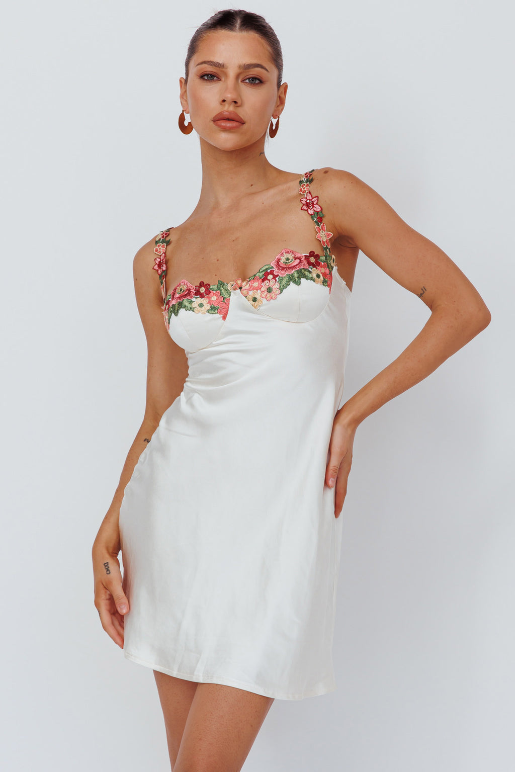 Rose Garden Floral Applique Mini Dress Oyster by Selfie Leslie Australia
