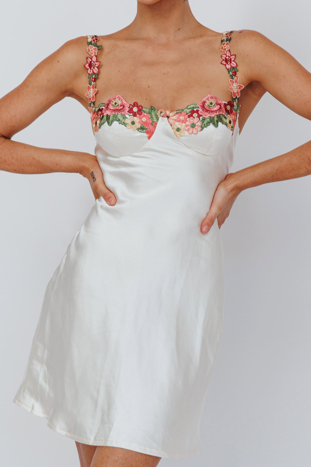 Rose Garden Floral Applique Mini Dress Oyster by Selfie Leslie Australia