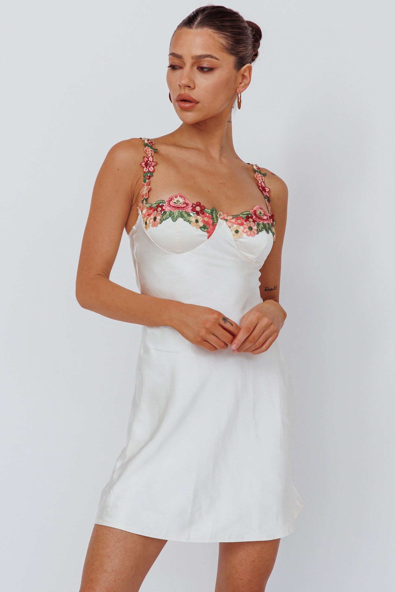 Rose Garden Floral Applique Mini Dress Oyster by Selfie Leslie Australia