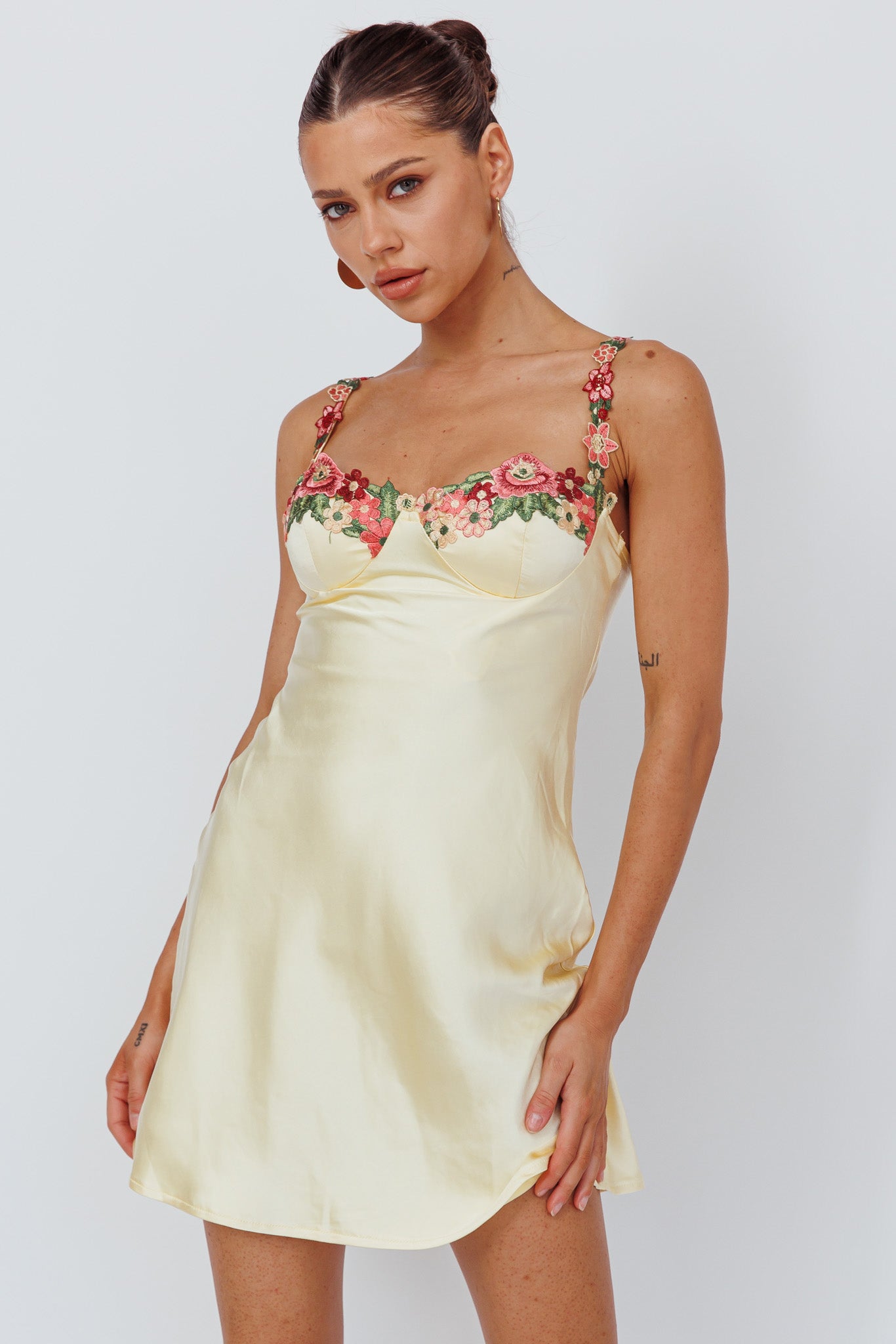Rose Garden Floral Applique Mini Dress Yellow by Selfie Leslie Australia