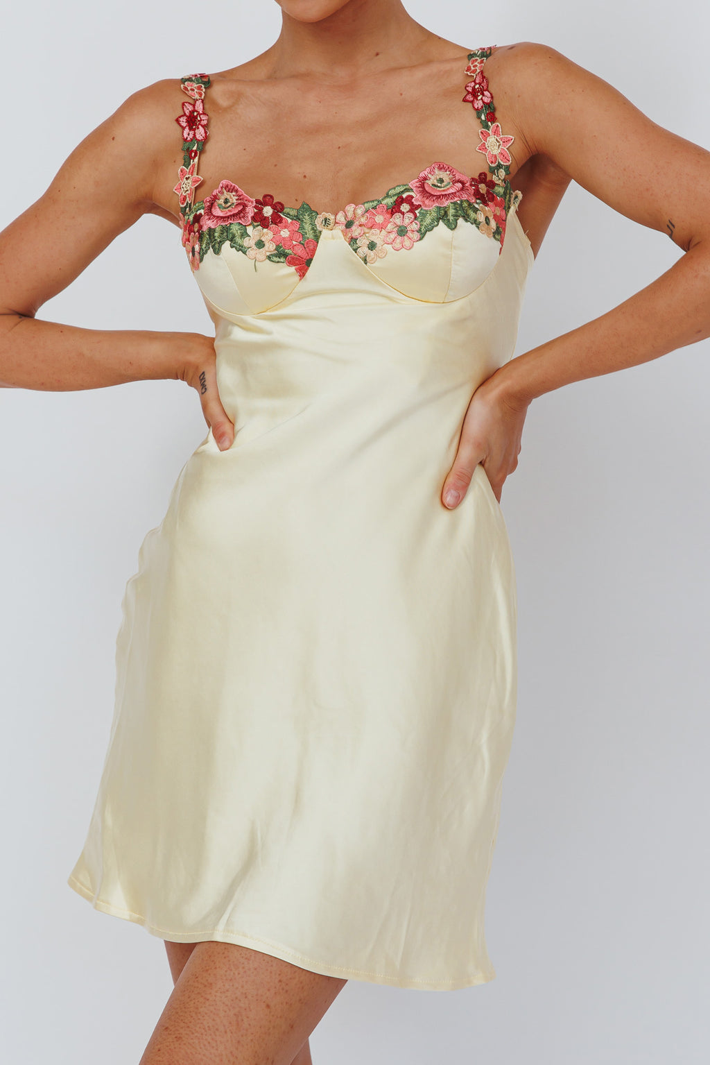 Rose Garden Floral Applique Mini Dress Yellow by Selfie Leslie Australia