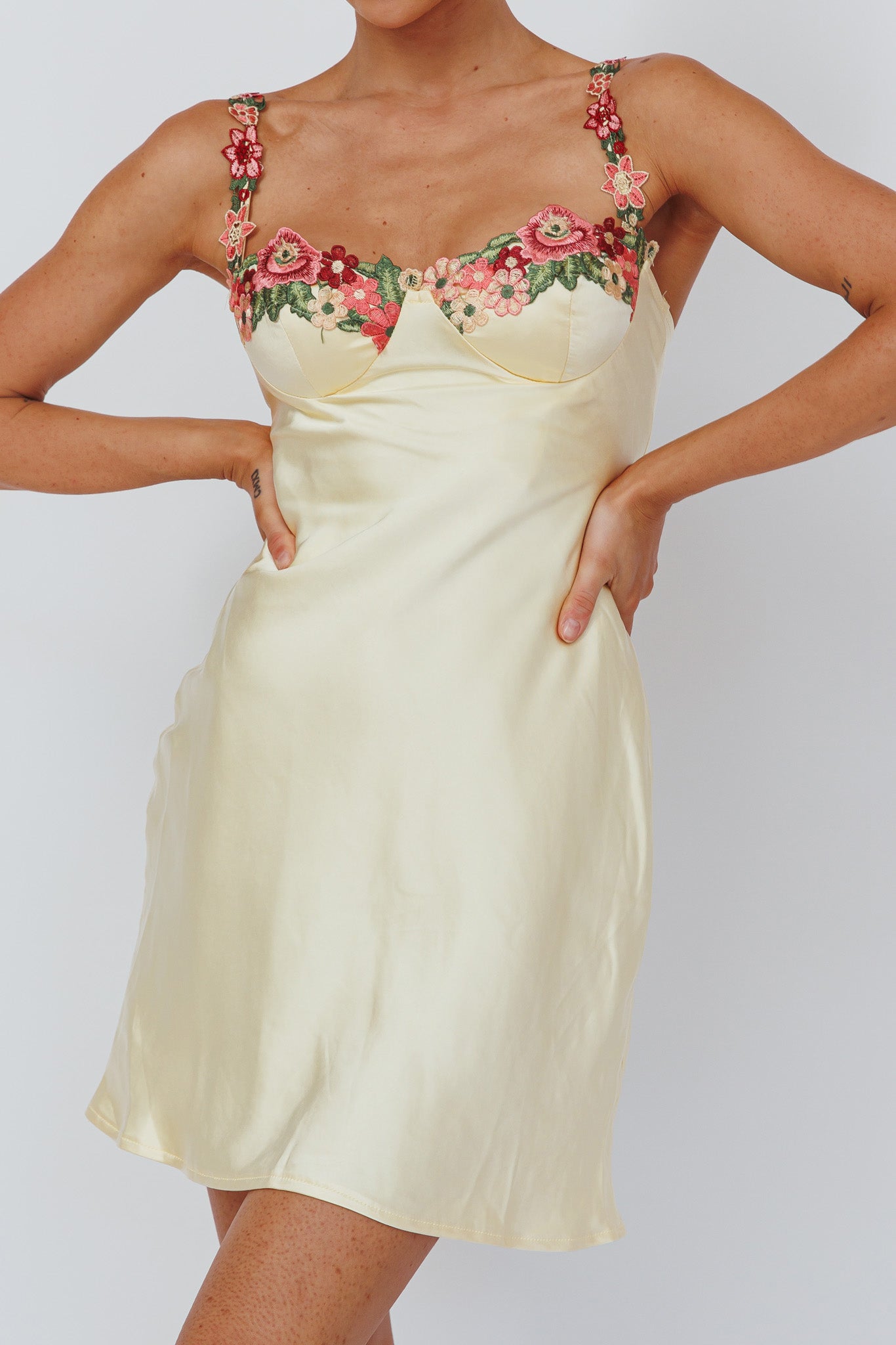 Rose Garden Floral Applique Mini Dress Yellow by Selfie Leslie Australia
