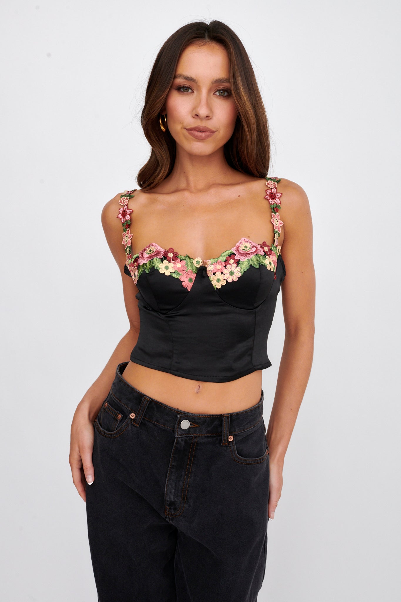 Rose Garden Floral Applique Crop Top Black by Selfie Leslie Australia