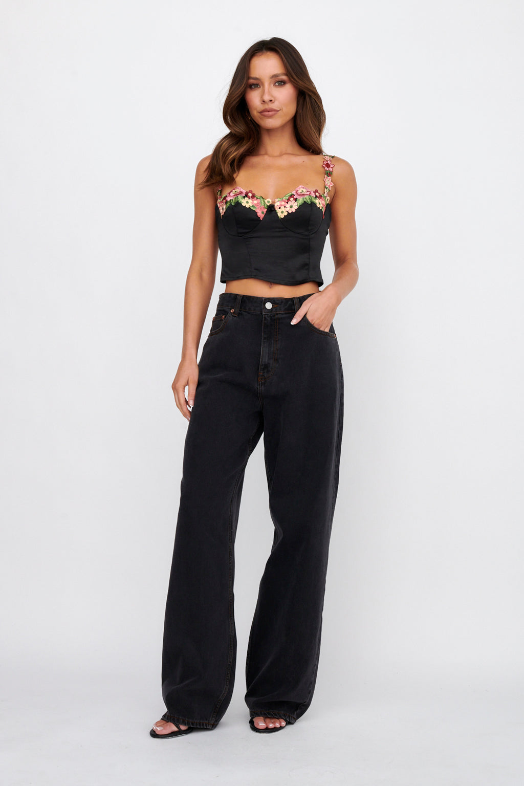 Rose Garden Floral Applique Crop Top Black by Selfie Leslie Australia