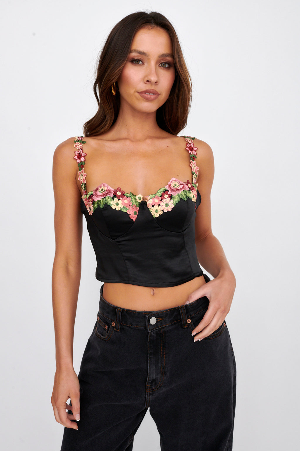 Rose Garden Floral Applique Crop Top Black by Selfie Leslie Australia