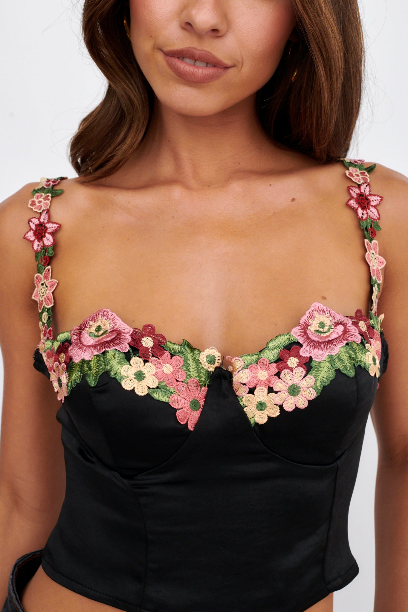 Rose Garden Floral Applique Crop Top Black by Selfie Leslie Australia