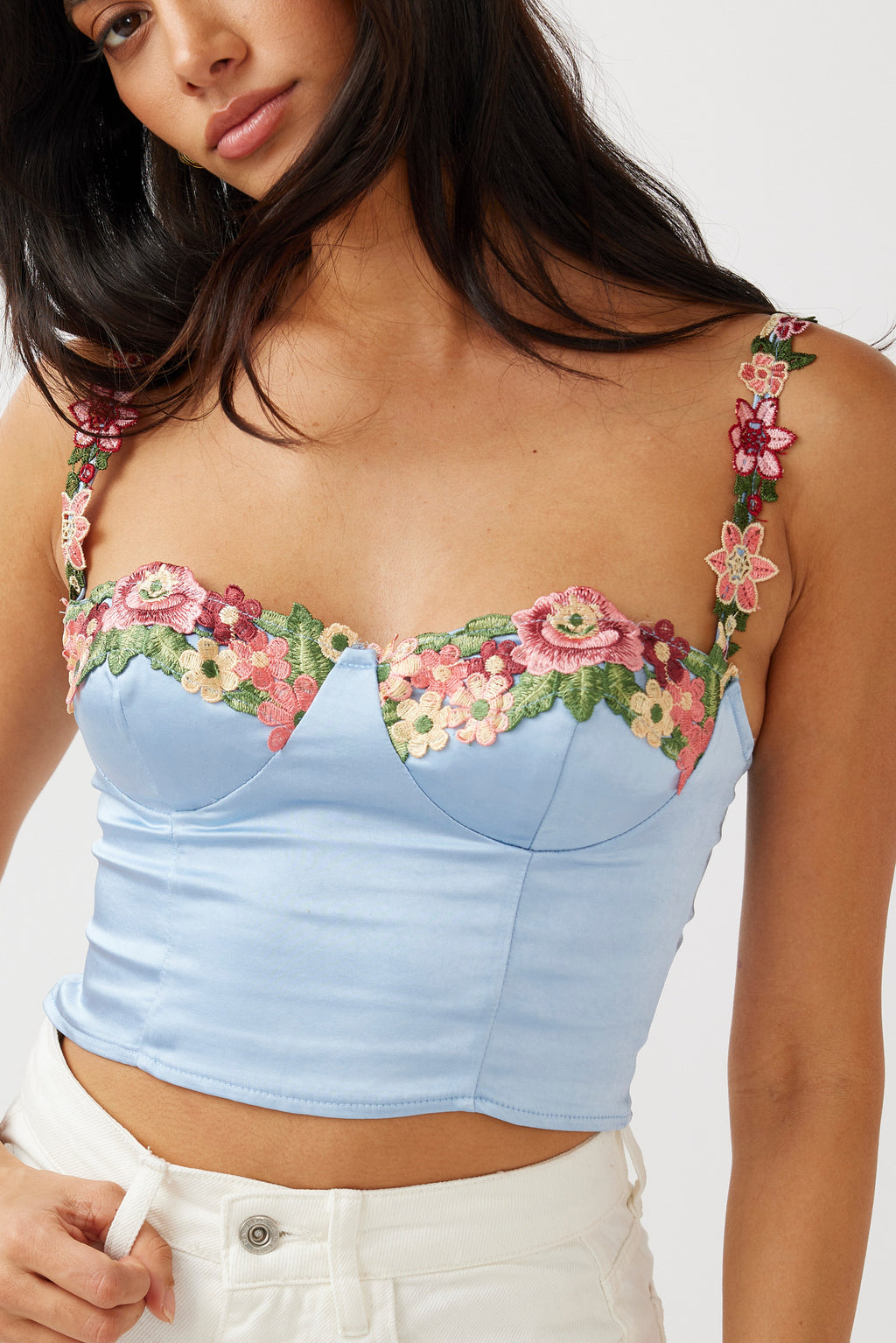 Rose Garden Floral Applique Crop Top Blue by Selfie Leslie Australia