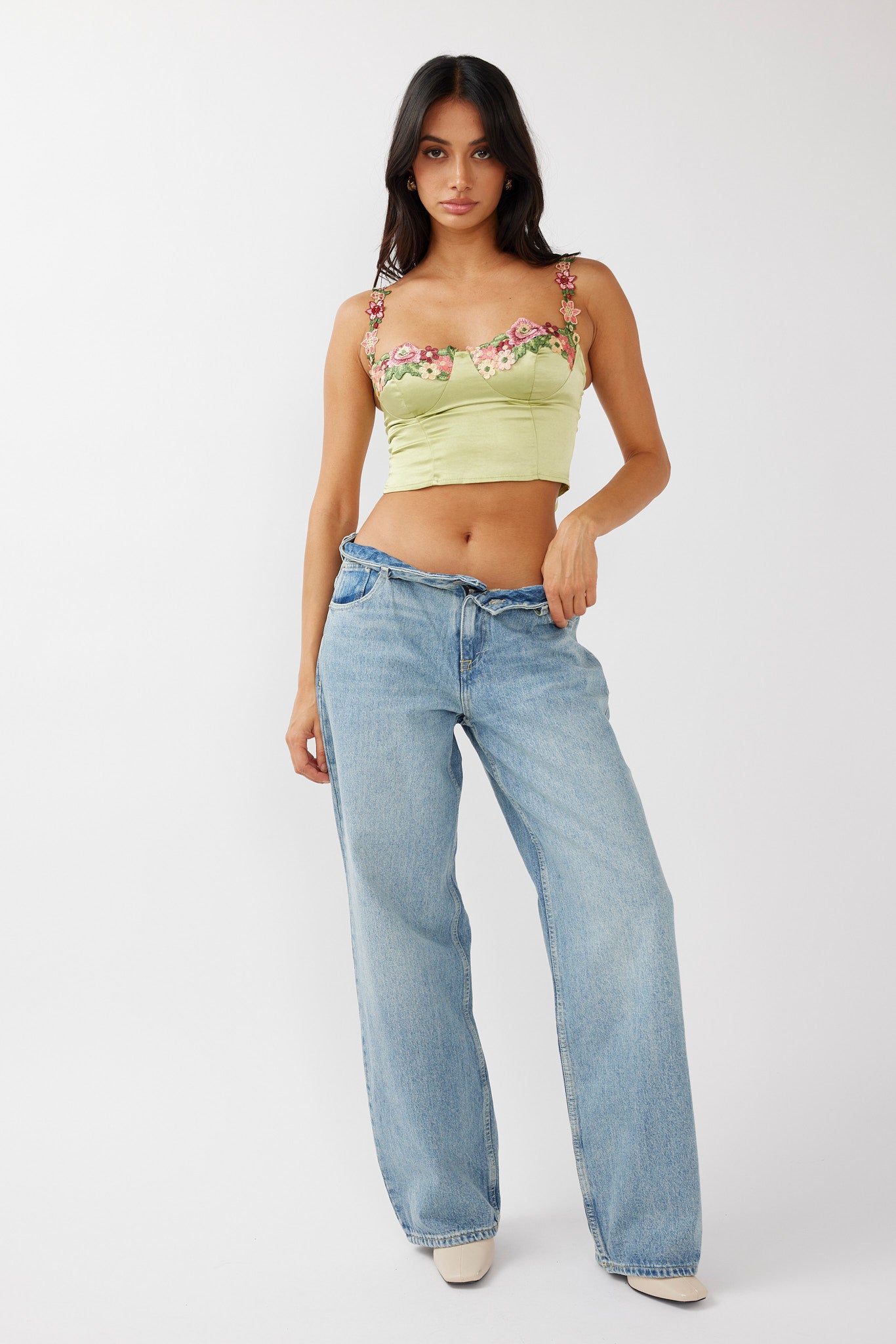 Rose Garden Floral Applique Crop Top Lime by Selfie Leslie Australia