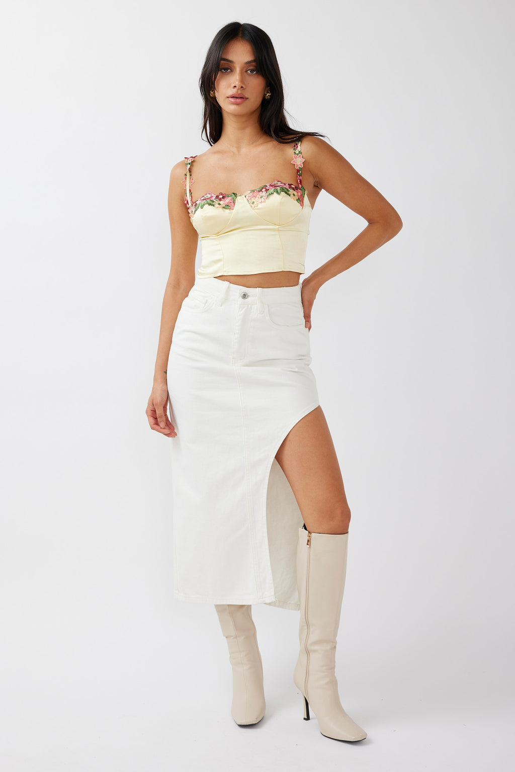 Rose Garden Floral Applique Crop Top Yellow by Selfie Leslie Australia