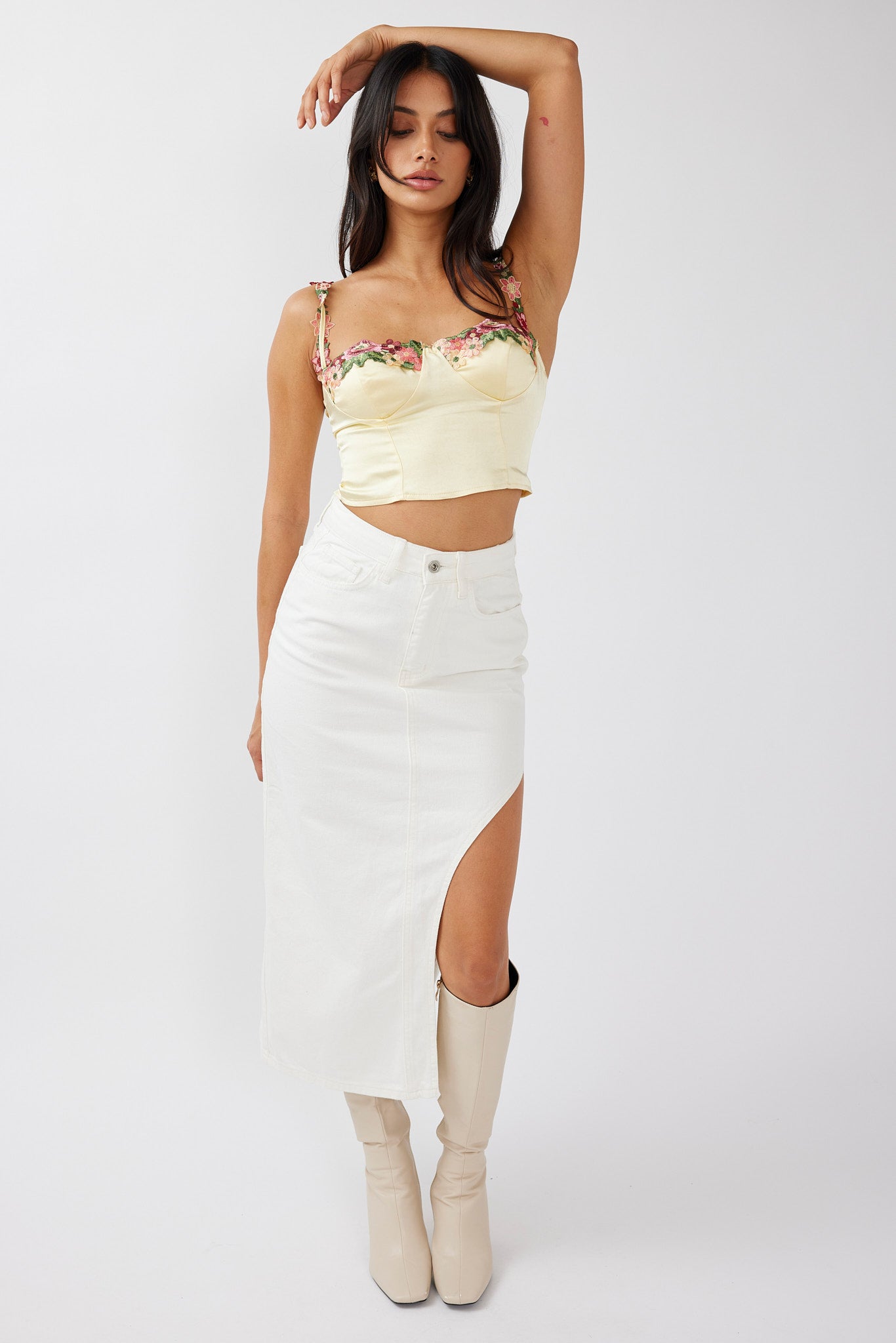 Rose Garden Floral Applique Crop Top Yellow by Selfie Leslie Australia