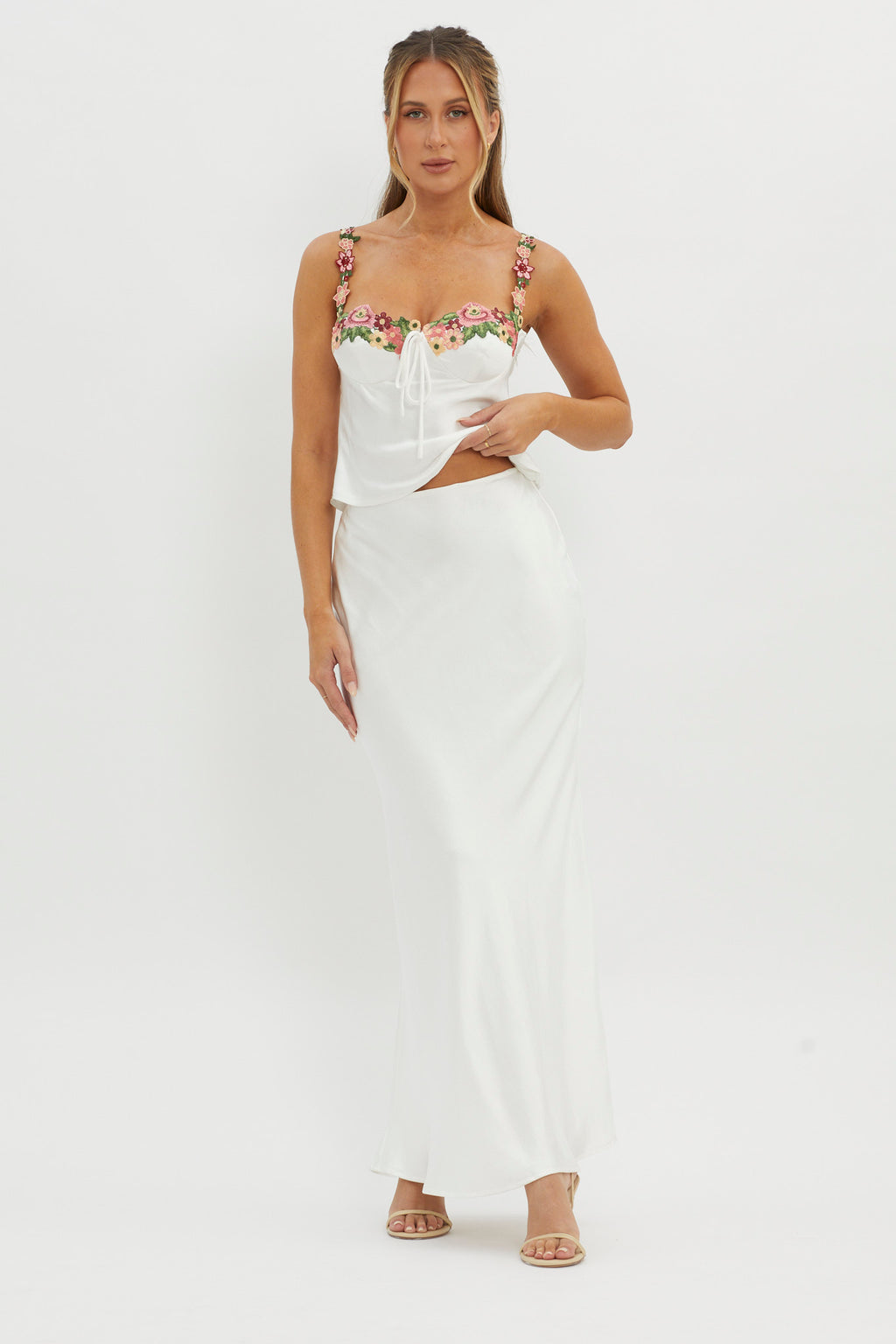 Rose Garden Satin Maxi Skirt White by Selfie Leslie Australia