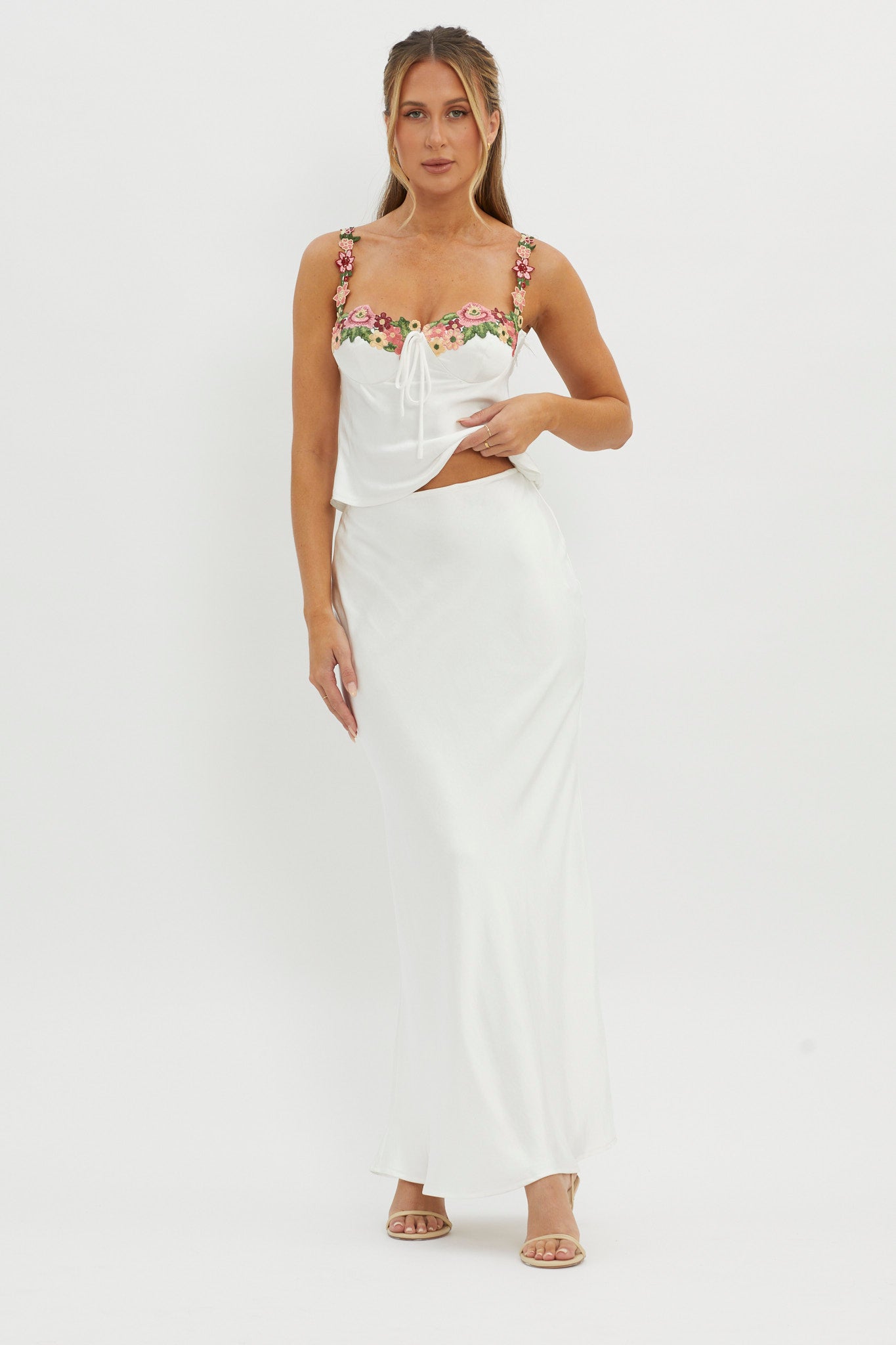 Rose Garden Satin Maxi Skirt White by Selfie Leslie Australia