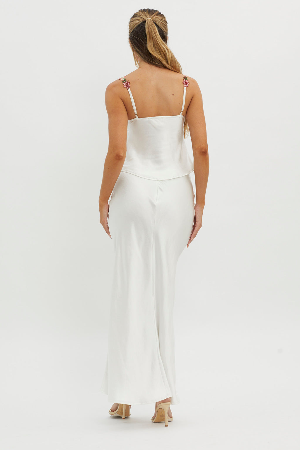 Rose Garden Satin Maxi Skirt White by Selfie Leslie Australia