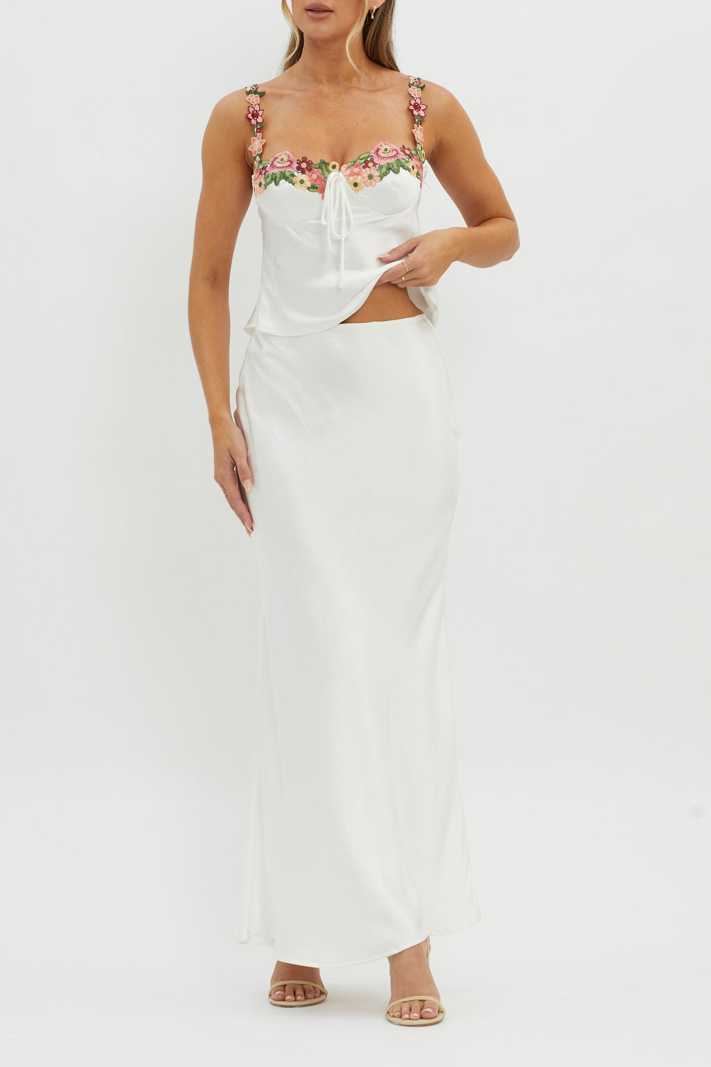 Rose Garden Satin Maxi Skirt White by Selfie Leslie Australia
