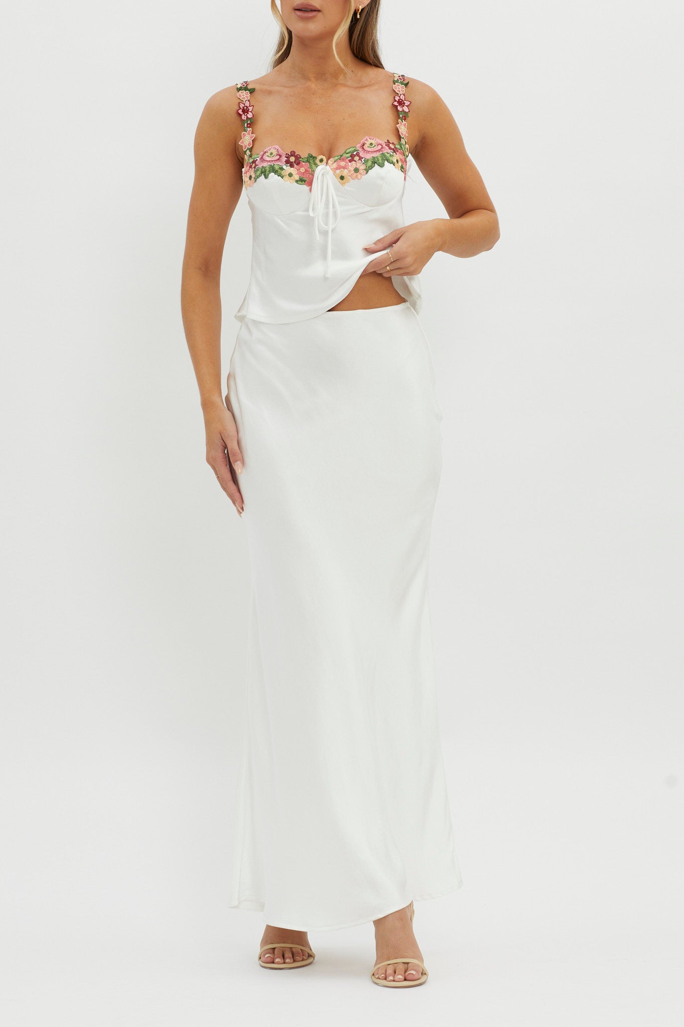 Rose Garden Satin Maxi Skirt White by Selfie Leslie Australia