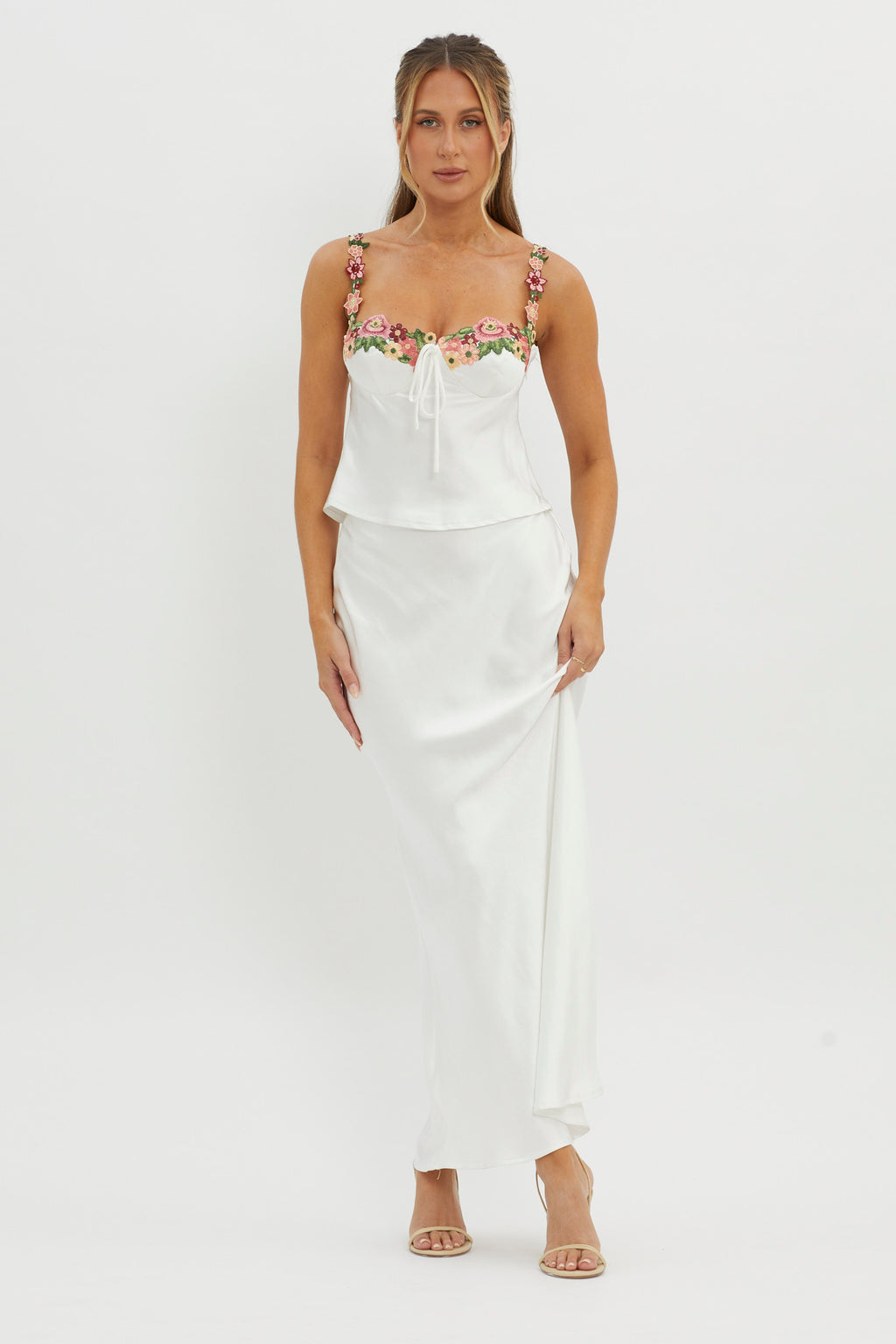Rose Garden Satin Maxi Skirt White by Selfie Leslie Australia